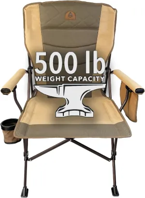 Black Sierra Oversize Camping Chair for Adults Supports 500 lbs, XL Heavy Duty Hard Arm Folding Chair, Steel Frame Durable Padded Outdoor Seat, Portable Fold Up Chair w/Cup Holder and Storage Bag