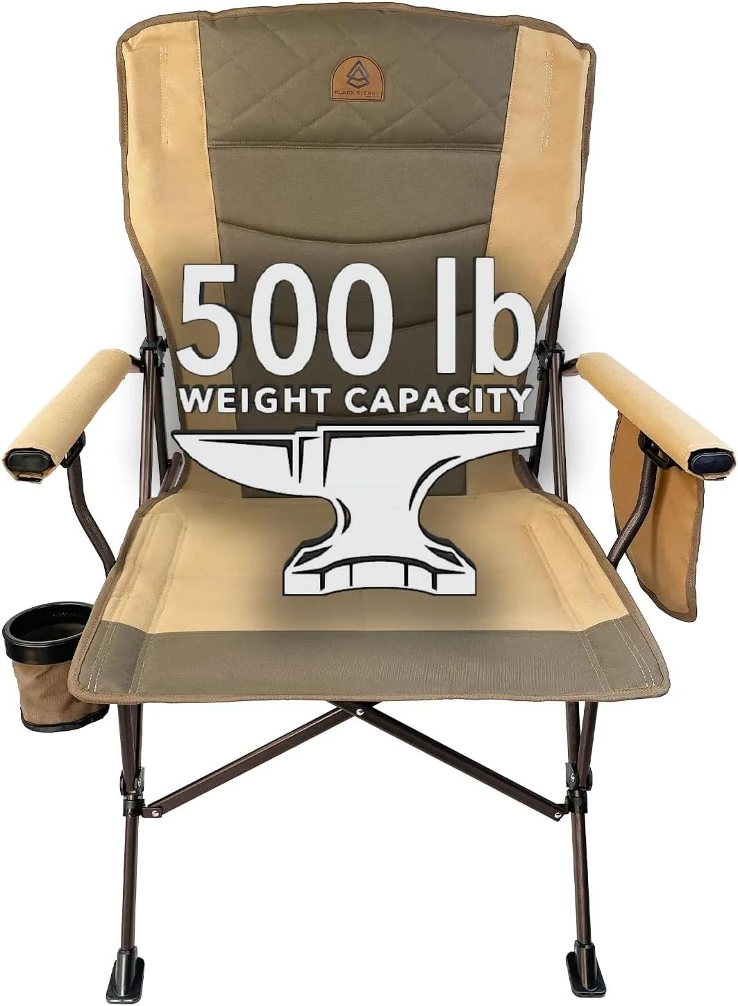 Black Sierra Oversize Camping Chair for Adults Supports 500 lbs, XL Heavy Duty Hard Arm Folding Chair, Steel Frame Durable Padded Outdoor Seat, Portable Fold Up Chair w/Cup Holder and Storage Bag
