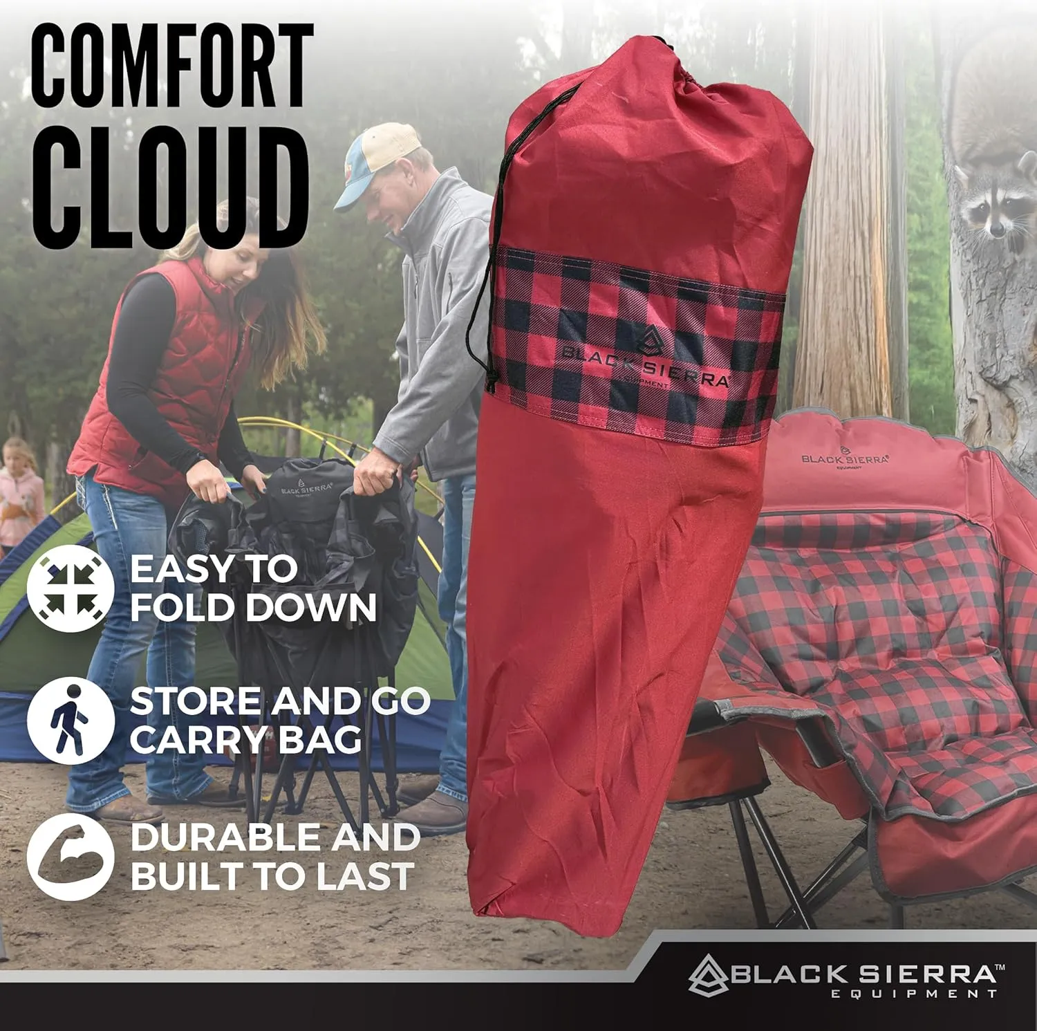 Black Sierra Plush XL Camping Chair for Adults, Oversized Outdoor Folding Chair Supports 400 lbs, Heavy Duty Padded Seat with Cup Holders and Carry Bag, Perfect for Tailgating, Sports, or Patio Use