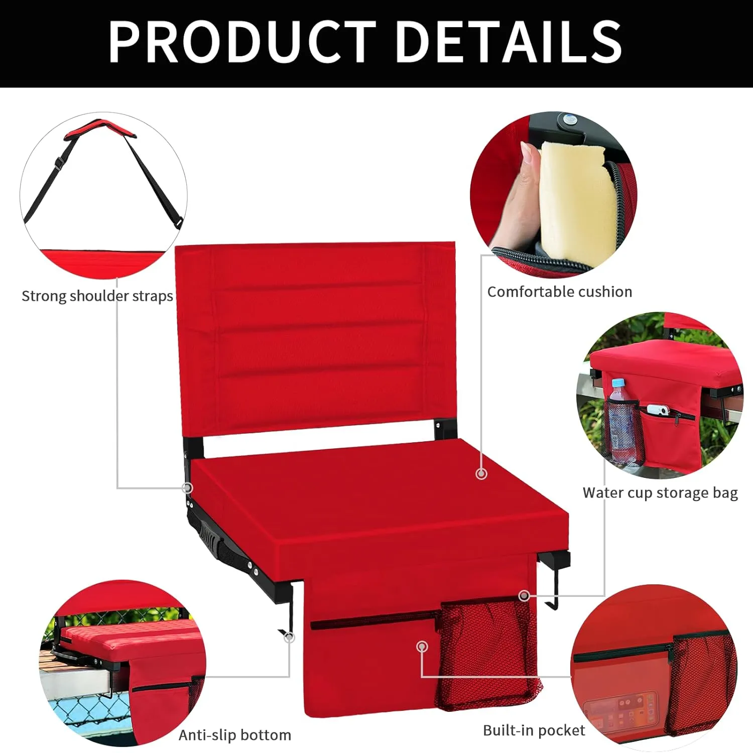 Bleacher Chairs Stadium Seats Cushion with Back Support, Portable Folding Chair