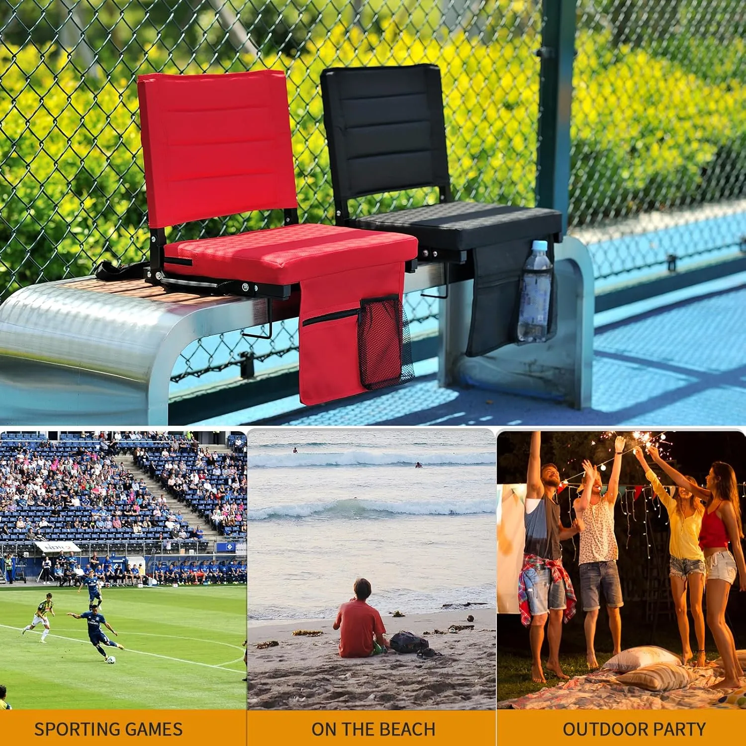 Bleacher Chairs Stadium Seats Cushion with Back Support, Portable Folding Chair