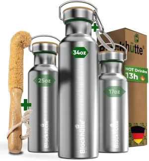 Blockhuette Vacuum Insulated Stainless Steel Water Bottle I 34 oz I Wide Mouth Insulated Metal Bottle for Cold Drinks I BPA-Free I Perfect for Travel, School, Kids, Adults, Water Canteen