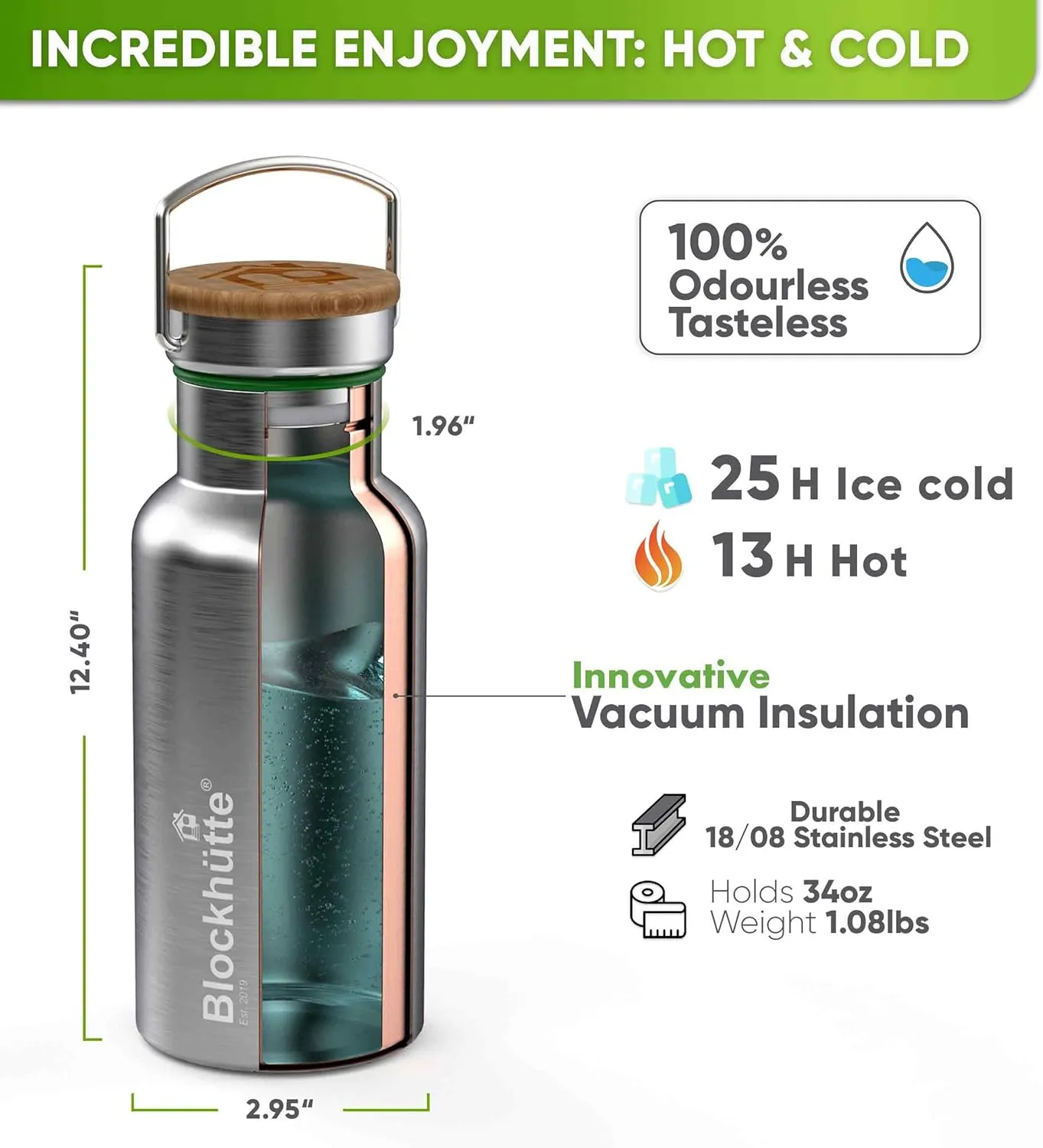 Blockhuette Vacuum Insulated Stainless Steel Water Bottle I 34 oz I Wide Mouth Insulated Metal Bottle for Cold Drinks I BPA-Free I Perfect for Travel, School, Kids, Adults, Water Canteen