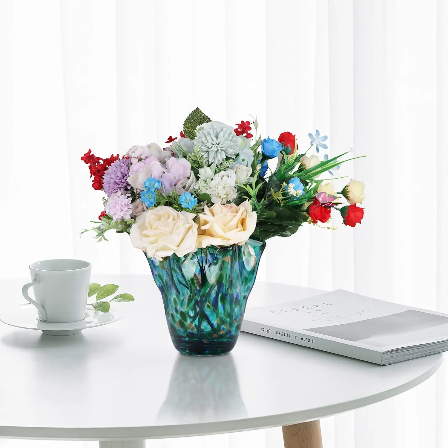 Blown glass vase, wide mouth petal vase, modern glass art vase, living room decoration vase for living room, kitchen, wedding, dining table, office center table display flowers