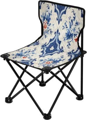 Blue and White Tile Portable Outdoor Folding Chair Anti-Slip Padded Oxford Cloth Stool Camping Chair Small for Beach Hiking Fishing Gardening Quad Camp Chair