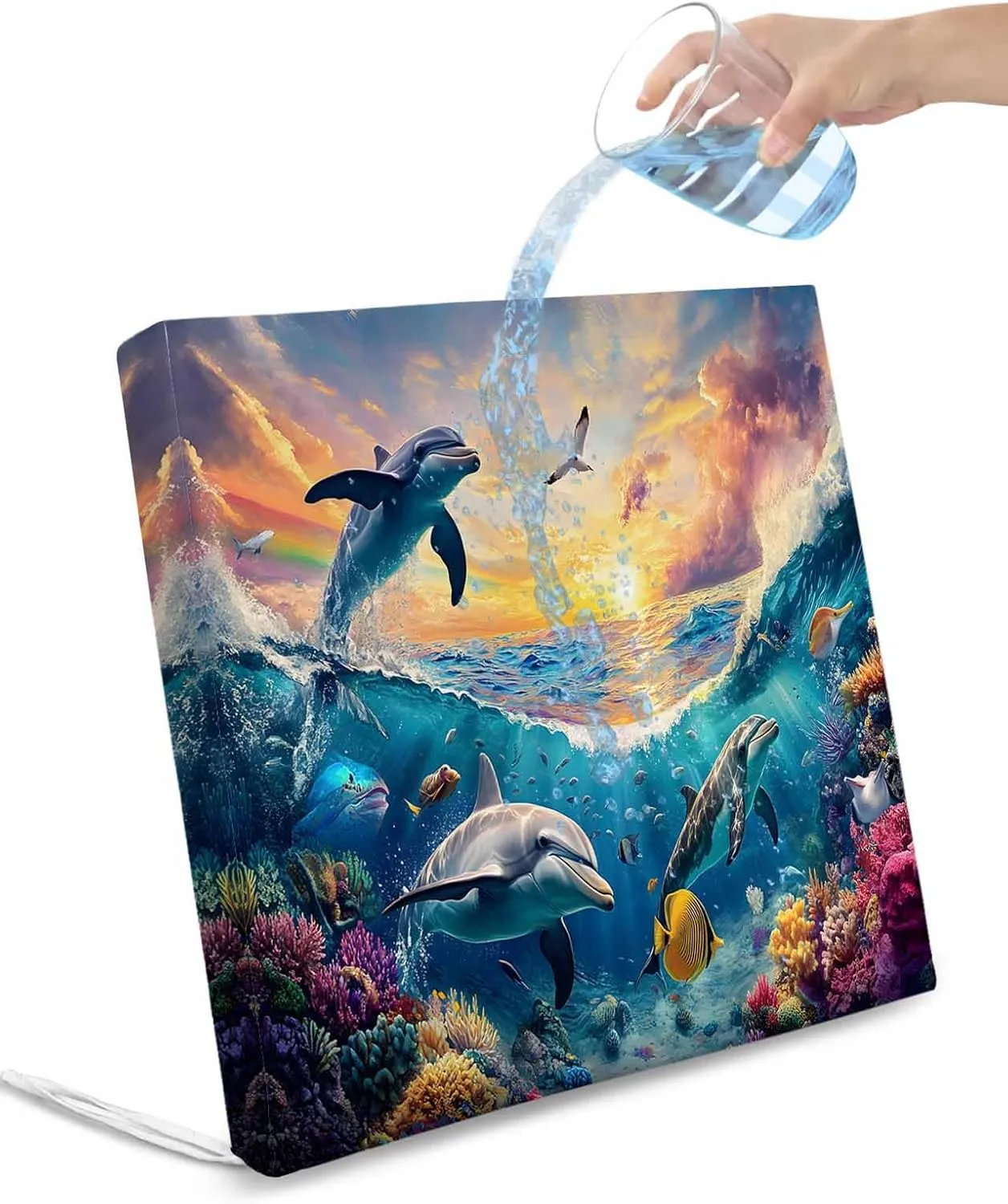 Blue Coastal Outdoor Cushion Chair Cover Set of 2 - Waterproof Couch Seat Covers, Dolphin Summer Beach Nautical Ocean Patio Furniture Protector Cushions Slipcovers for Sofa/RV, 24"x24"x4"