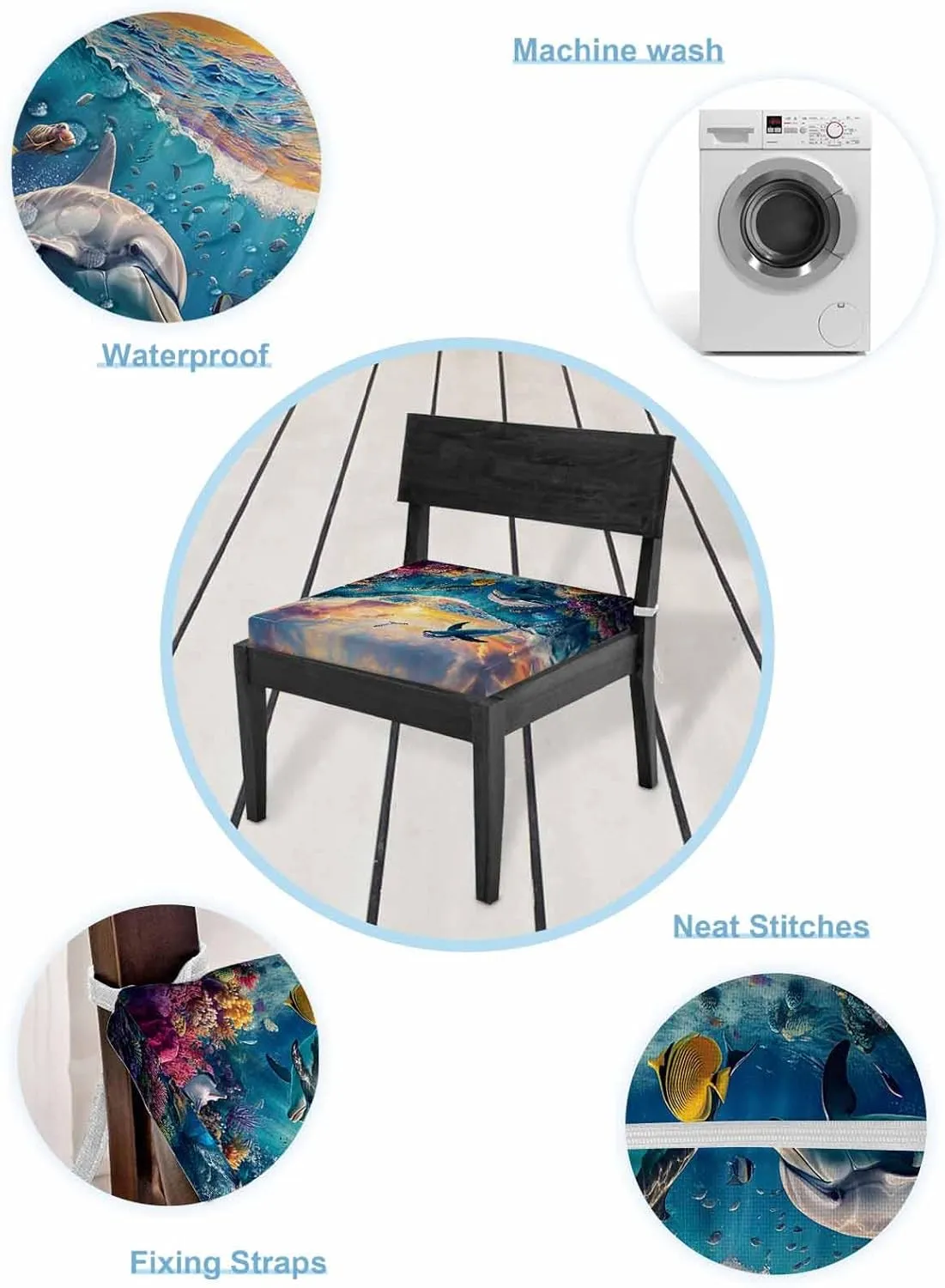 Blue Coastal Outdoor Cushion Chair Cover Set of 2 - Waterproof Couch Seat Covers, Dolphin Summer Beach Nautical Ocean Patio Furniture Protector Cushions Slipcovers for Sofa/RV, 24"x24"x4"