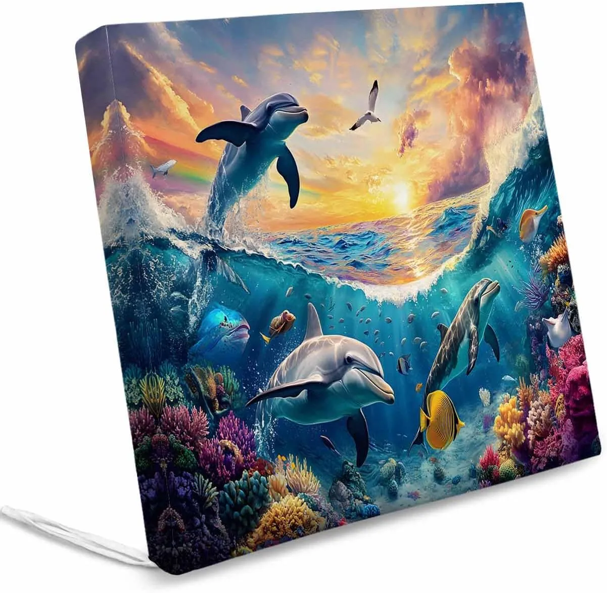 Blue Coastal Outdoor Cushion Chair Cover Set of 2 - Waterproof Couch Seat Covers, Dolphin Summer Beach Nautical Ocean Patio Furniture Protector Cushions Slipcovers for Sofa/RV, 24"x24"x4"