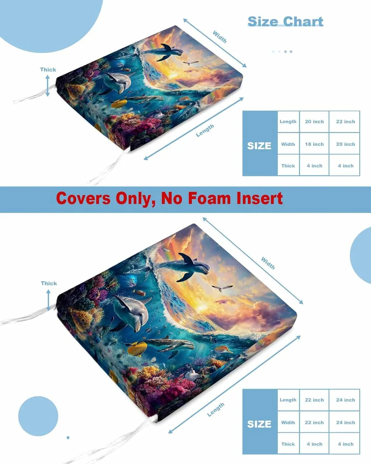 Blue Coastal Outdoor Cushion Chair Cover Set of 2 - Waterproof Couch Seat Covers, Dolphin Summer Beach Nautical Ocean Patio Furniture Protector Cushions Slipcovers for Sofa/RV, 24"x24"x4"
