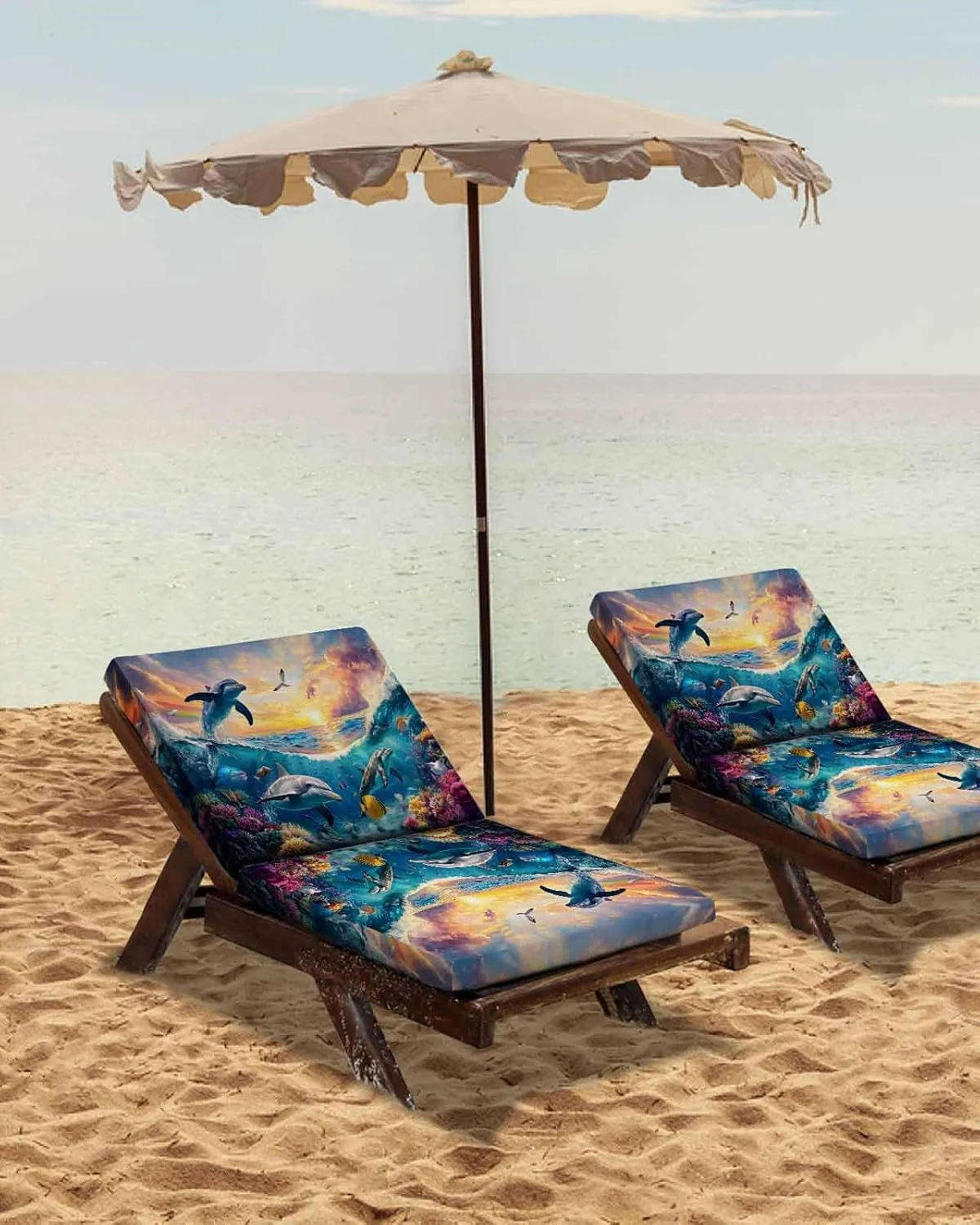 Blue Coastal Outdoor Cushion Chair Cover Set of 2 - Waterproof Couch Seat Covers, Dolphin Summer Beach Nautical Ocean Patio Furniture Protector Cushions Slipcovers for Sofa/RV, 24"x24"x4"