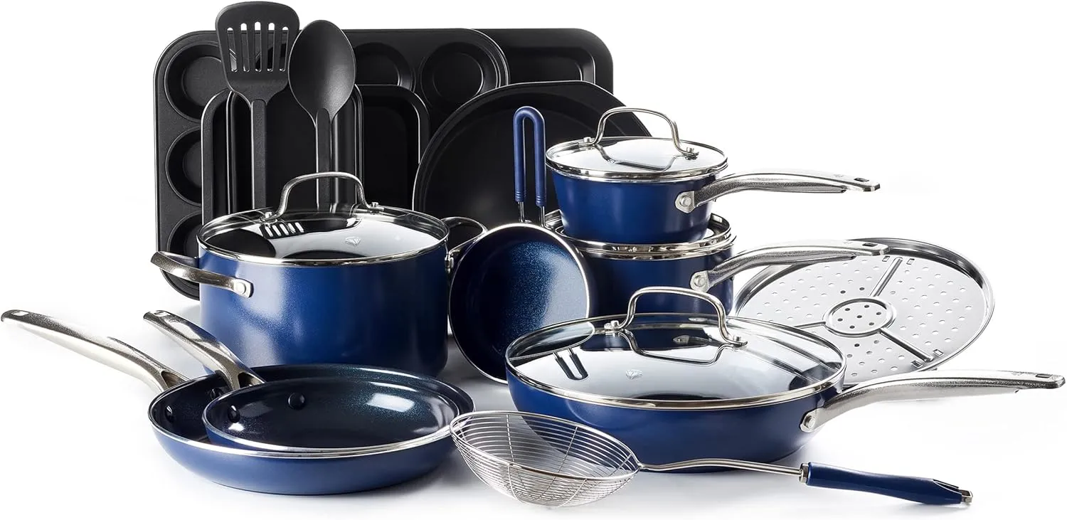 Blue Diamond 20 Piece Cookware and Bakeware Set, Diamond Infused PFAS & PFOA-Free Ceramic Nonstick Pots & Pans, Durable Nontoxic Metal Utensil Safe & Scratch Resistant, Dishwasher & Oven Safe, Blue