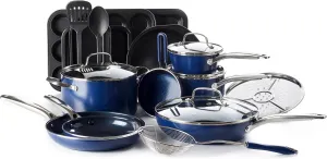 Blue Diamond 20 Piece Cookware and Bakeware Set, Diamond Infused PFAS & PFOA-Free Ceramic Nonstick Pots & Pans, Durable Nontoxic Metal Utensil Safe & Scratch Resistant, Dishwasher & Oven Safe, Blue