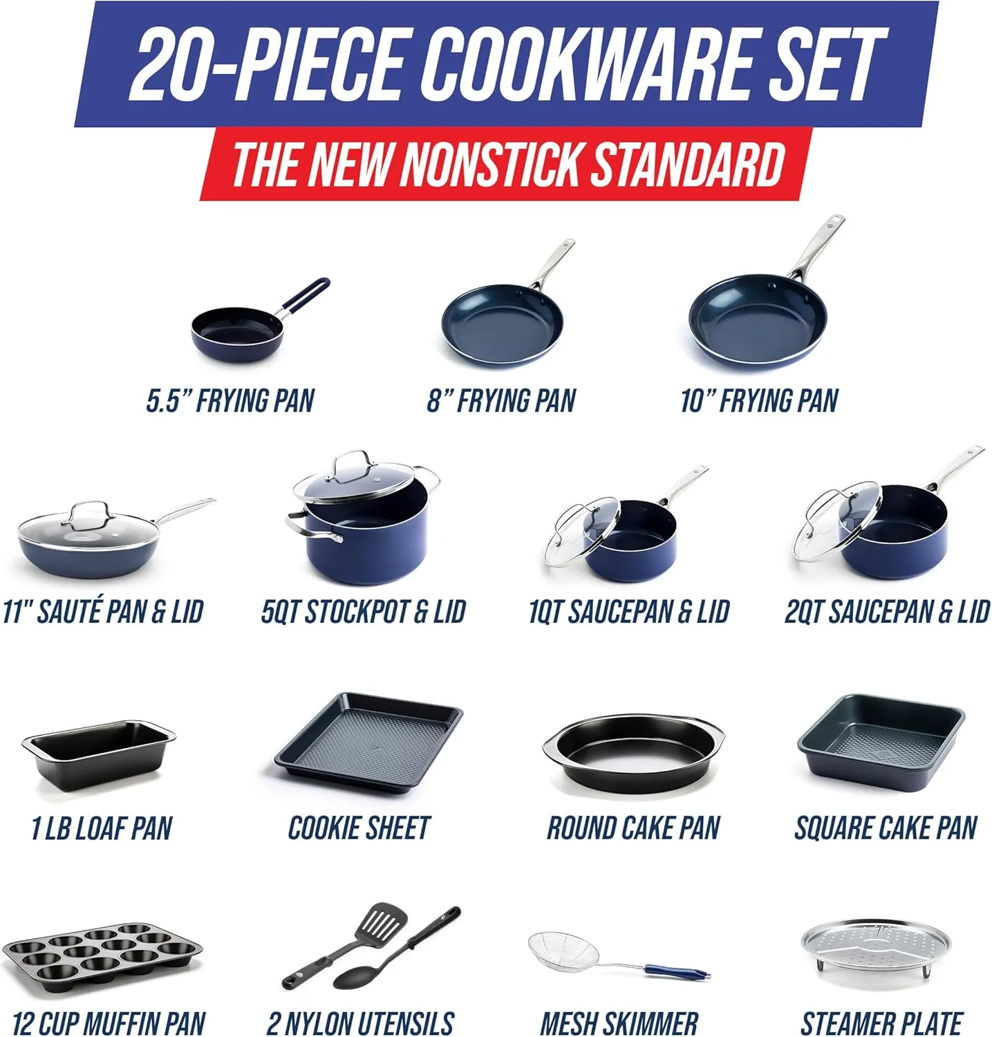 Blue Diamond 20 Piece Cookware and Bakeware Set, Diamond Infused PFAS & PFOA-Free Ceramic Nonstick Pots & Pans, Durable Nontoxic Metal Utensil Safe & Scratch Resistant, Dishwasher & Oven Safe, Blue