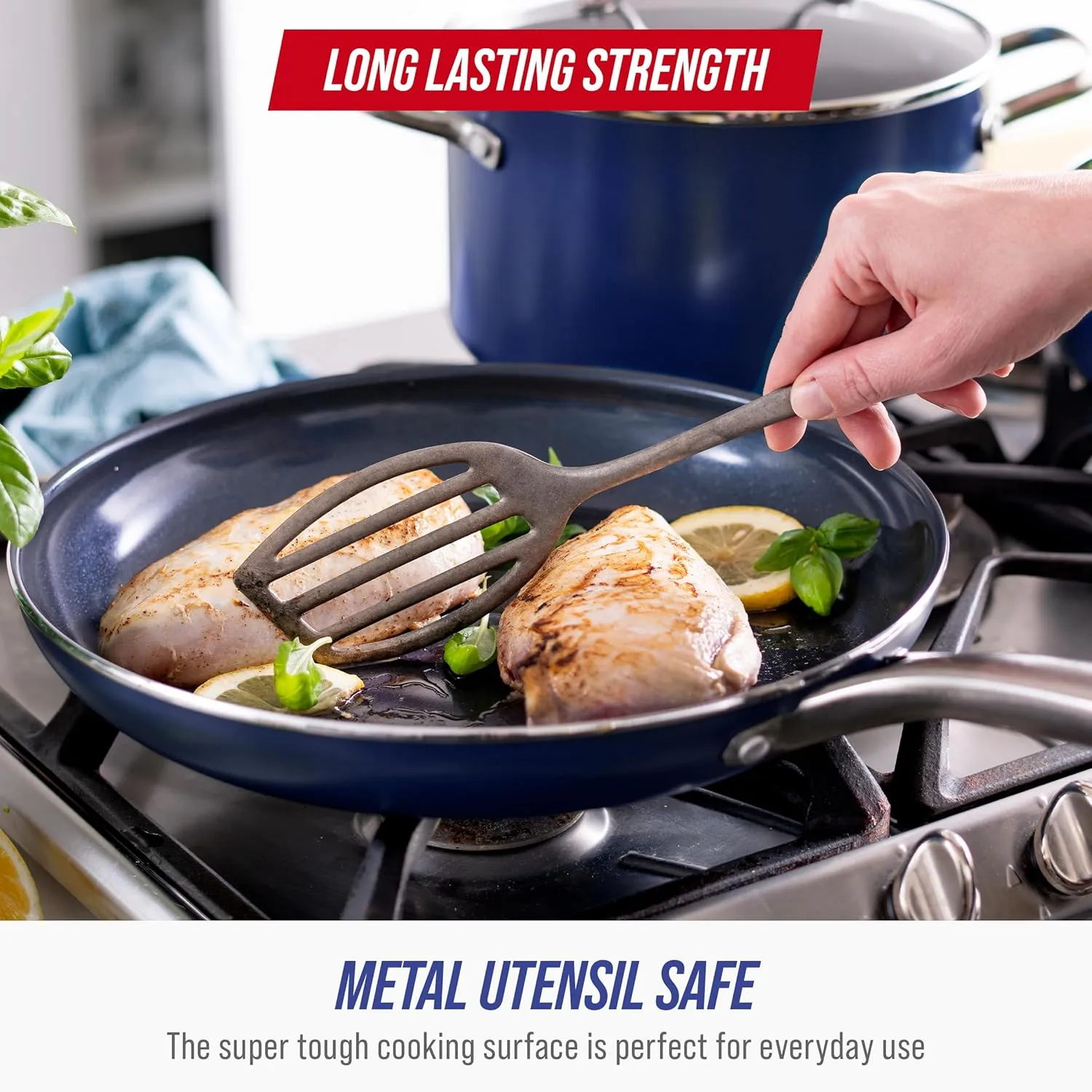 Blue Diamond 20 Piece Cookware and Bakeware Set, Diamond Infused PFAS & PFOA-Free Ceramic Nonstick Pots & Pans, Durable Nontoxic Metal Utensil Safe & Scratch Resistant, Dishwasher & Oven Safe, Blue