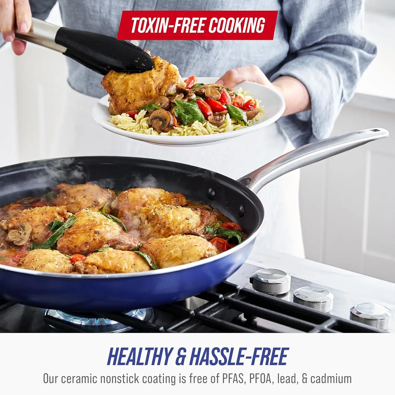 Blue Diamond 20 Piece Cookware and Bakeware Set, Diamond Infused PFAS & PFOA-Free Ceramic Nonstick Pots & Pans, Durable Nontoxic Metal Utensil Safe & Scratch Resistant, Dishwasher & Oven Safe, Blue