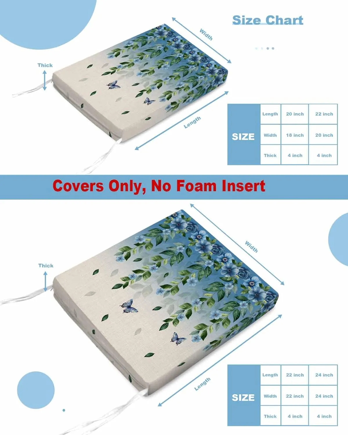 Blue Floral Spring Outdoor Cushion Chair Cover Set of 4 - Waterproof Couch Seat Covers, Summer Farmhouse Botanical Butterfly Patio Furniture Protector Cushions Slipcovers for Sofa/RV, 24"x24"x4"