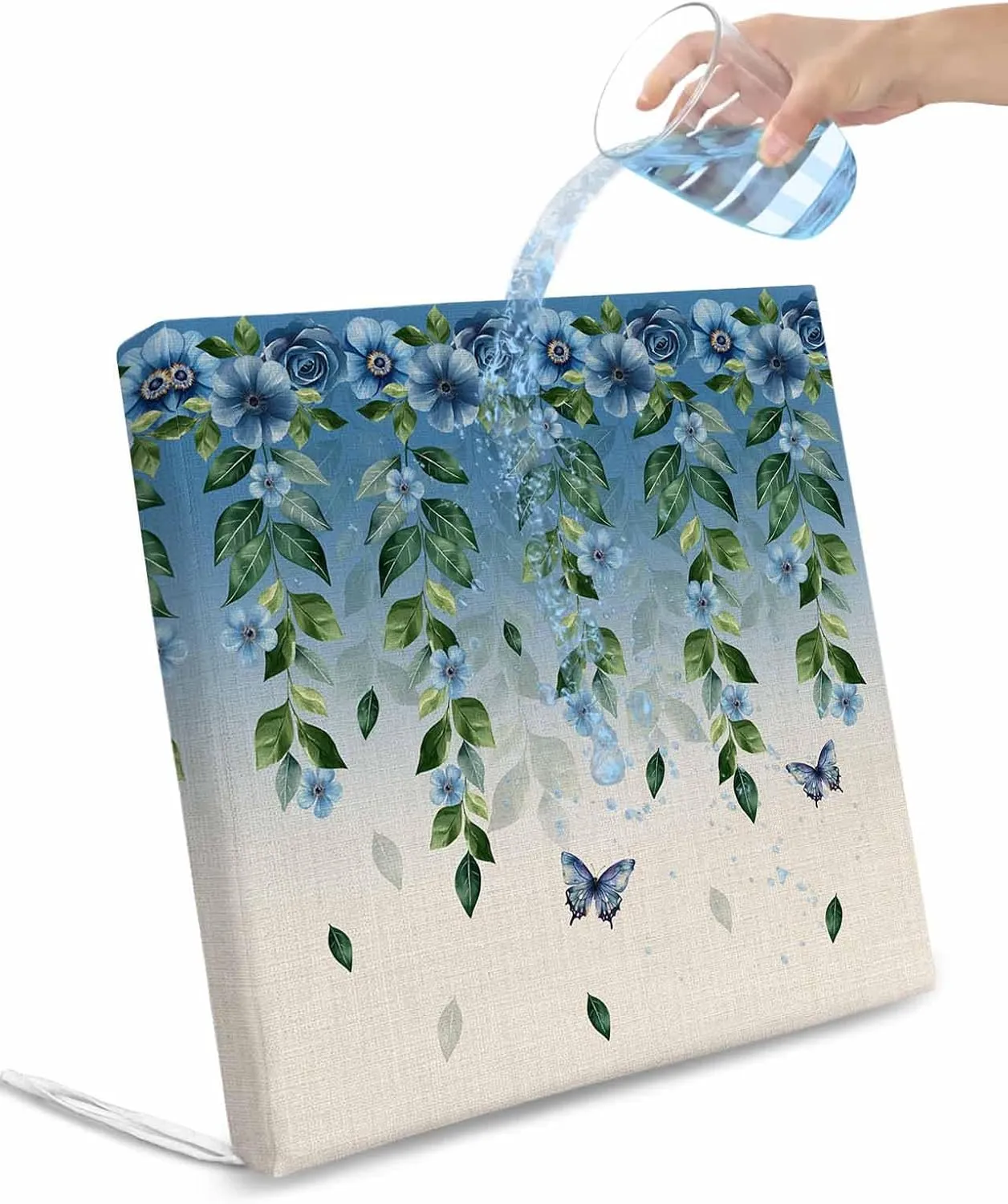 Blue Floral Spring Outdoor Cushion Chair Cover Set of 4 - Waterproof Couch Seat Covers, Summer Farmhouse Botanical Butterfly Patio Furniture Protector Cushions Slipcovers for Sofa/RV, 24"x24"x4"