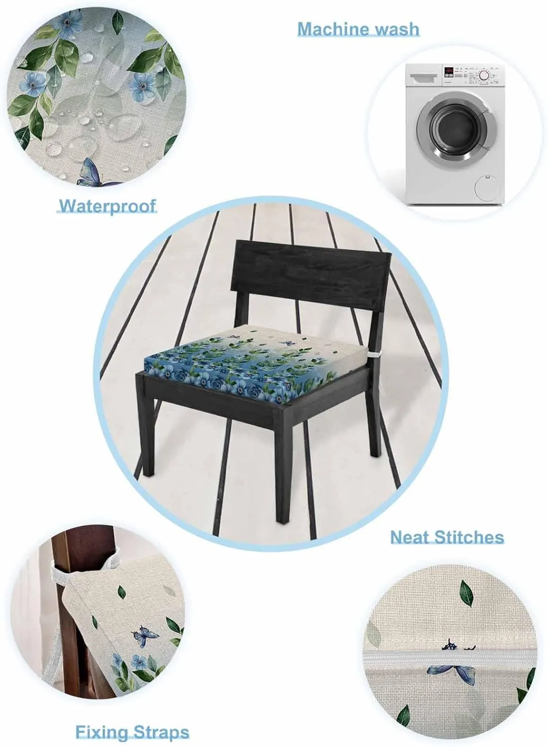 Blue Floral Spring Outdoor Cushion Chair Cover Set of 4 - Waterproof Couch Seat Covers, Summer Farmhouse Botanical Butterfly Patio Furniture Protector Cushions Slipcovers for Sofa/RV, 24"x24"x4"