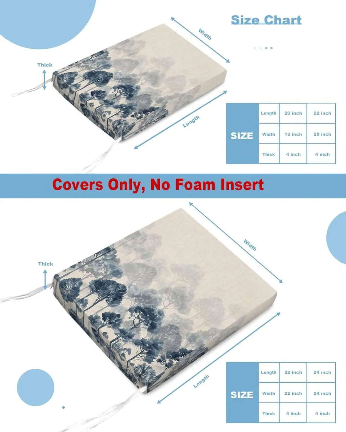 Blue Forest Outdoor Cushion Chair Cover Set of 4 - Waterproof Couch Seat Covers, Farmhouse Botanical Tree Scenery Beige Patio Furniture Protector Cushions Slipcovers for Sofa/RV, 22"x22"x4"