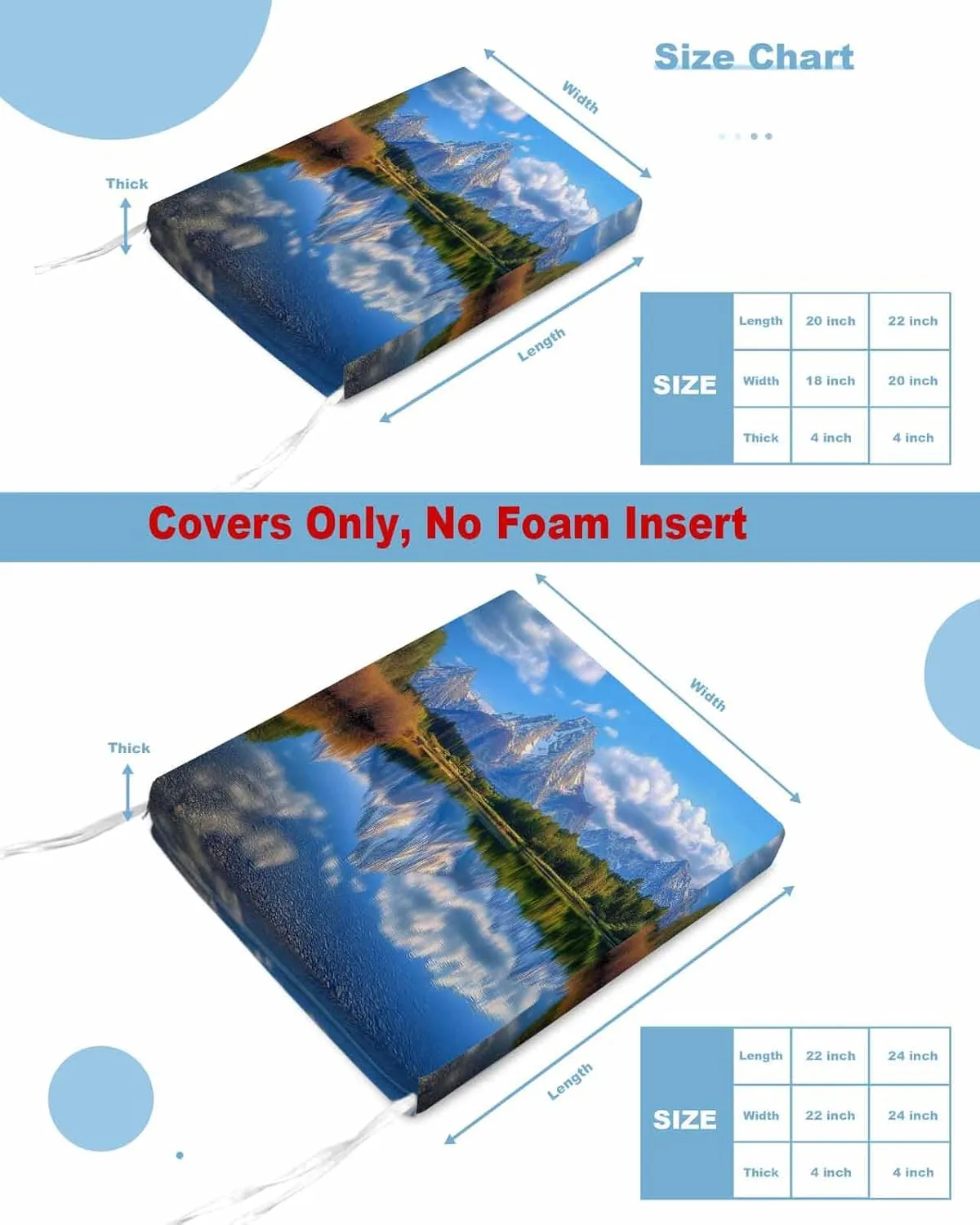 Blue Mountain Outdoor Cushion Chair Cover Set of 4 - Waterproof Couch Seat Covers, Modern Art Green Forest Lake Patio Furniture Protector Cushions Slipcovers for Sofa/RV, 22"x22"x4"