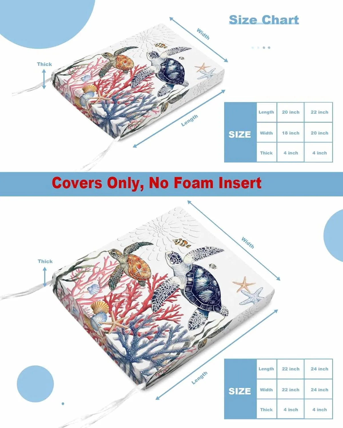 Blue Sea Turtle Coastal Outdoor Cushion Chair Cover Set of 2 - Waterproof Couch Seat Covers, Summer Beach Coral Shell Nautical Patio Furniture Protector Cushions Slipcovers for Sofa/RV, 22"x22"x4"