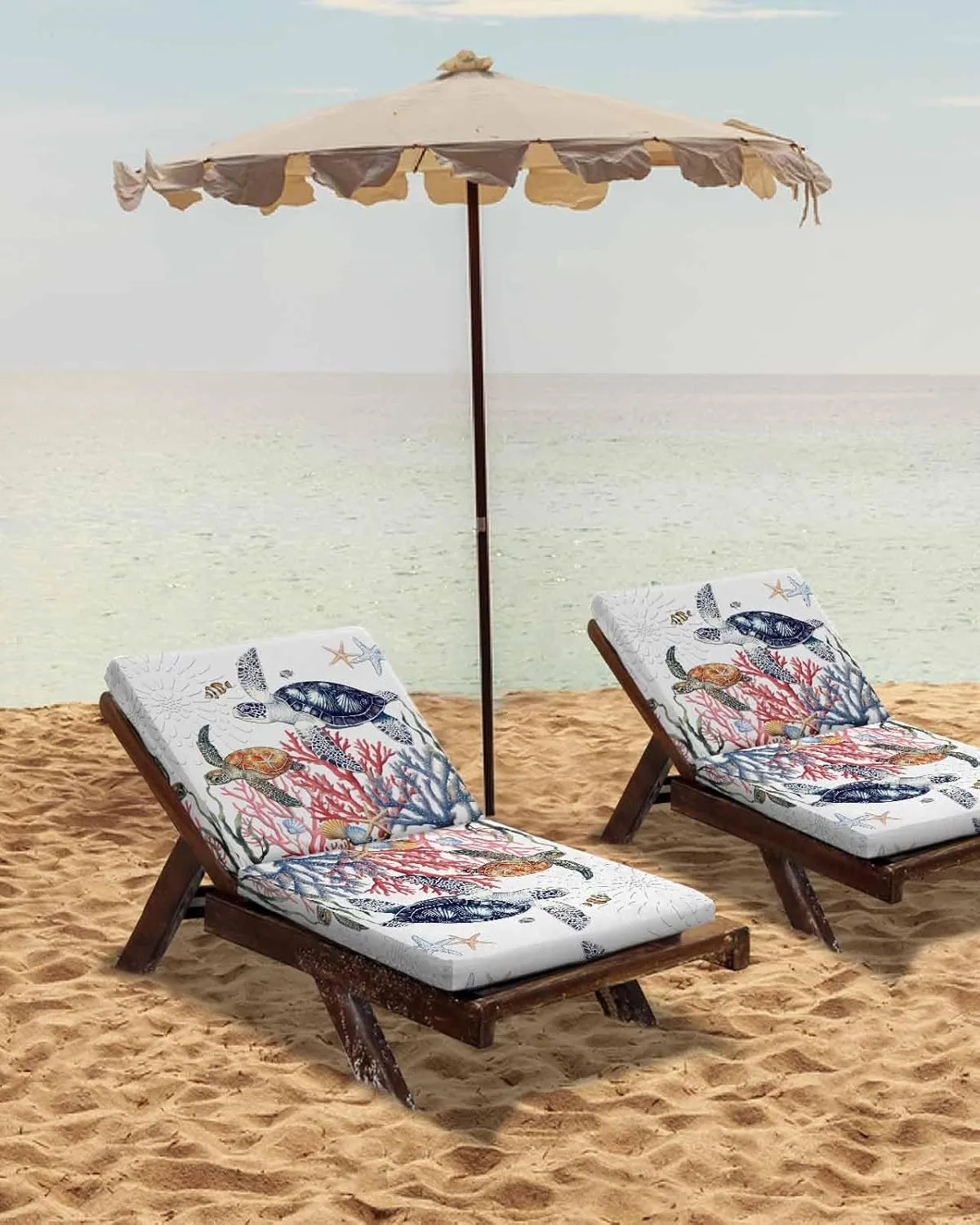 Blue Sea Turtle Coastal Outdoor Cushion Chair Cover Set of 2 - Waterproof Couch Seat Covers, Summer Beach Coral Shell Nautical Patio Furniture Protector Cushions Slipcovers for Sofa/RV, 22"x22"x4"