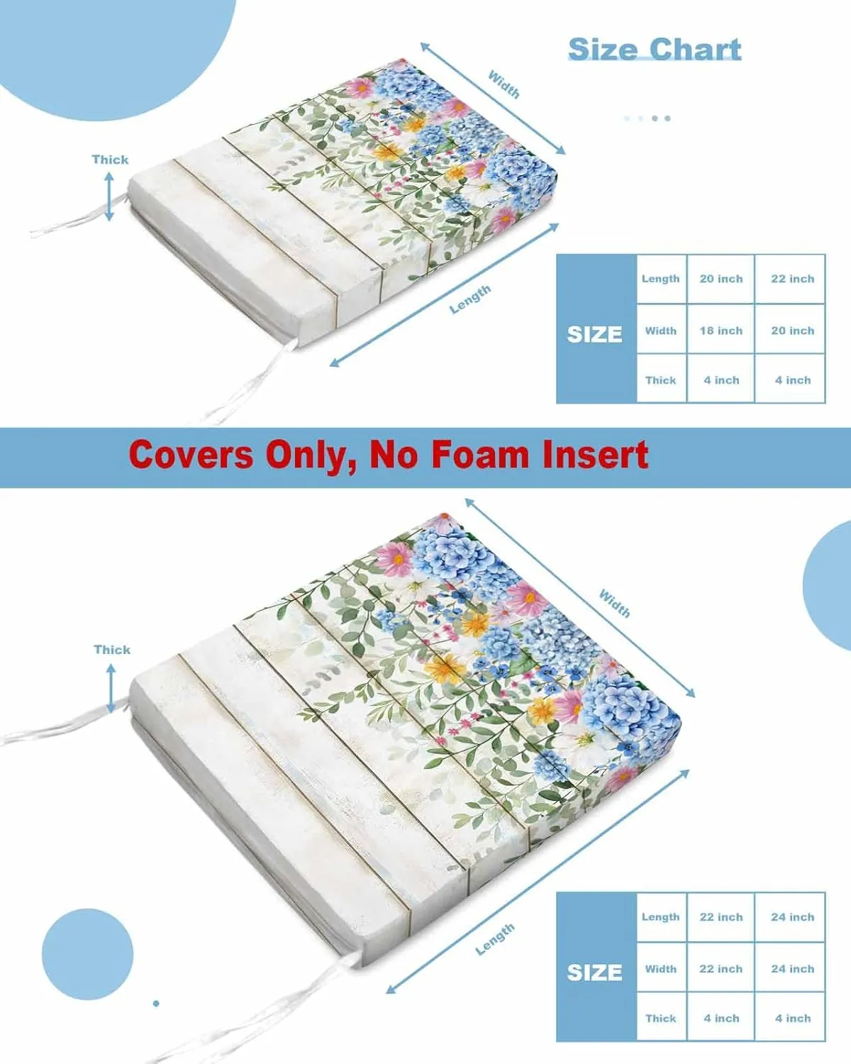 Blue Spring Floral Outdoor Cushion Chair Cover Set of 2 - Waterproof Couch Seat Covers, Summer Botanical Pastoral Wooden Patio Furniture Protector Cushions Slipcovers for Sofa/RV, 22"x20"x4"