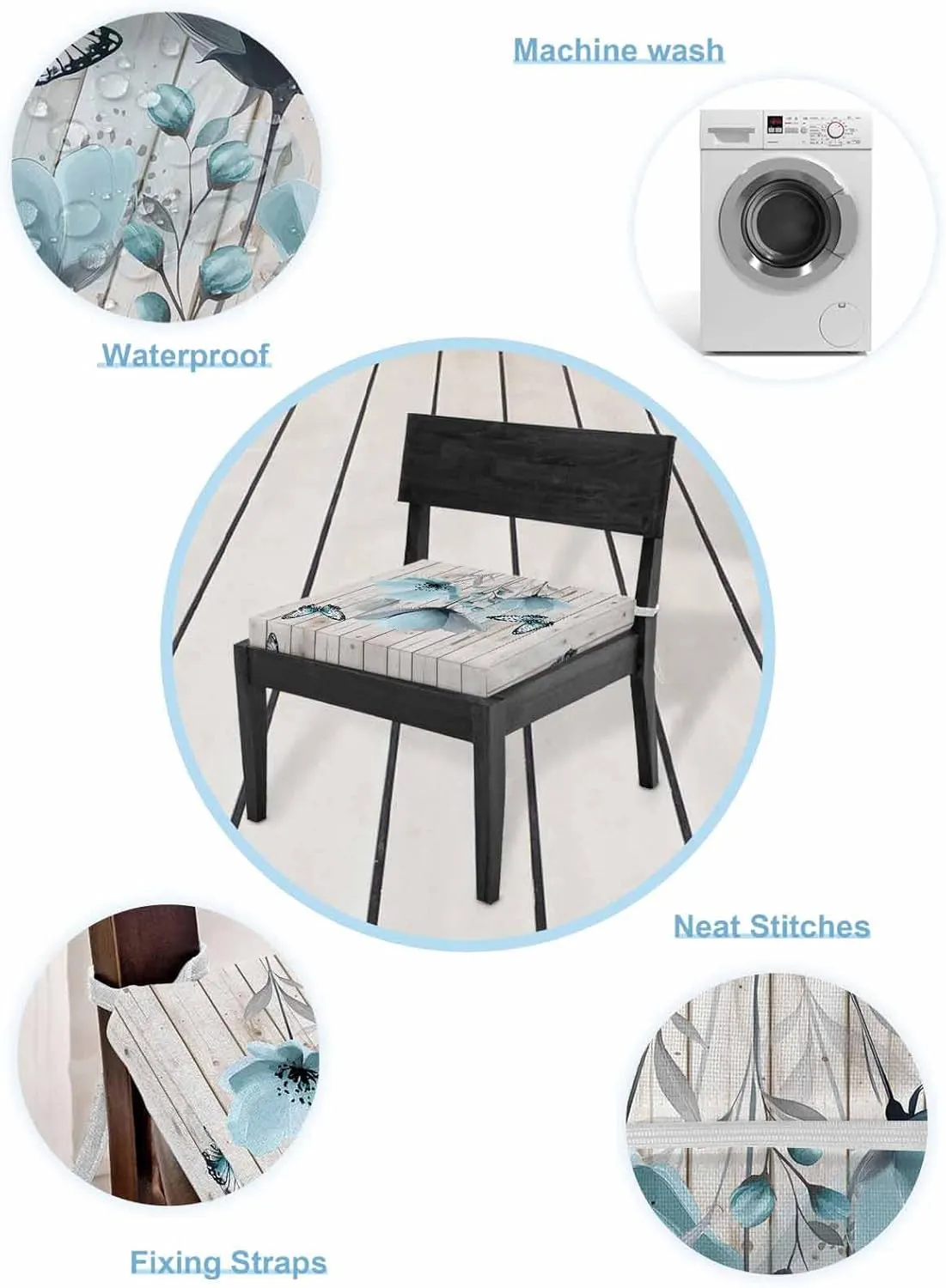 Blue Tulip Outdoor Cushion Chair Cover Set of 2 - Waterproof Couch Seat Covers, Country Spring Butterfly Floral Wooden Grain Patio Furniture Protector Cushions Slipcovers for Sofa/RV, 24"x24"x4"