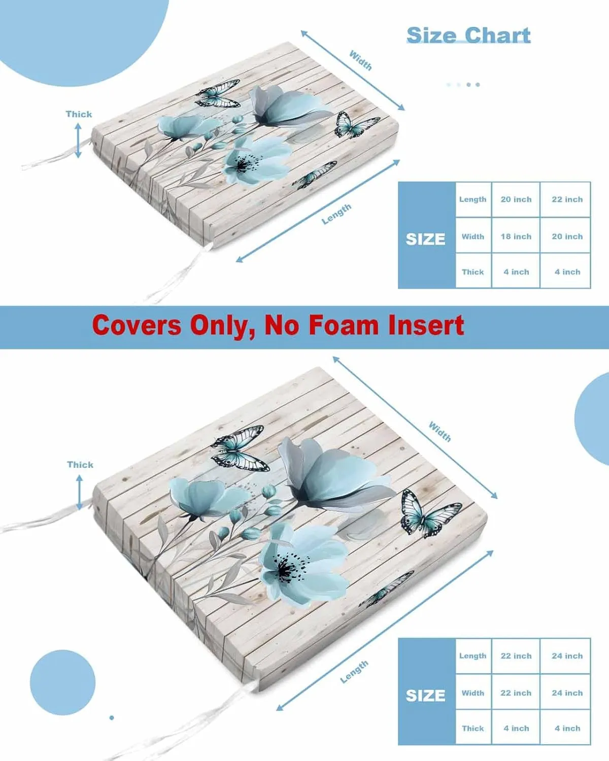 Blue Tulip Outdoor Cushion Chair Cover Set of 2 - Waterproof Couch Seat Covers, Country Spring Butterfly Floral Wooden Grain Patio Furniture Protector Cushions Slipcovers for Sofa/RV, 24"x24"x4"