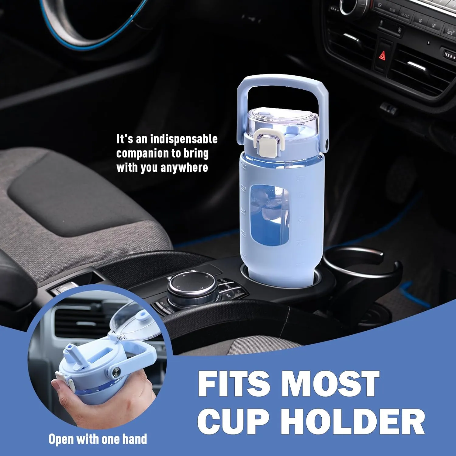 BLUEGO 40 oz Glass Water Bottle With Straw, Leakproof With Time Marker and Silicone Sleeve, Wide Mouth for Travel, Gym, Workout, Blue