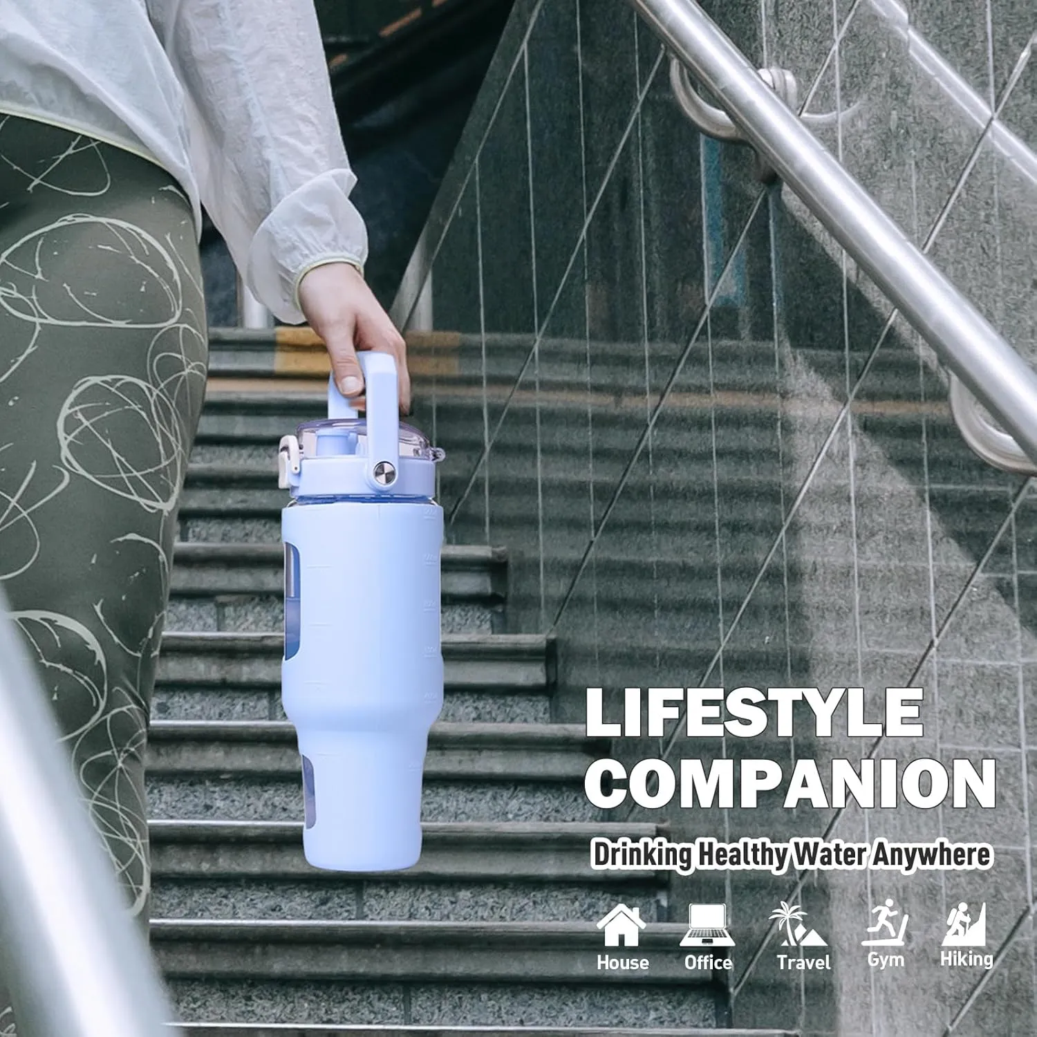 BLUEGO 40 oz Glass Water Bottle With Straw, Leakproof With Time Marker and Silicone Sleeve, Wide Mouth for Travel, Gym, Workout, Blue