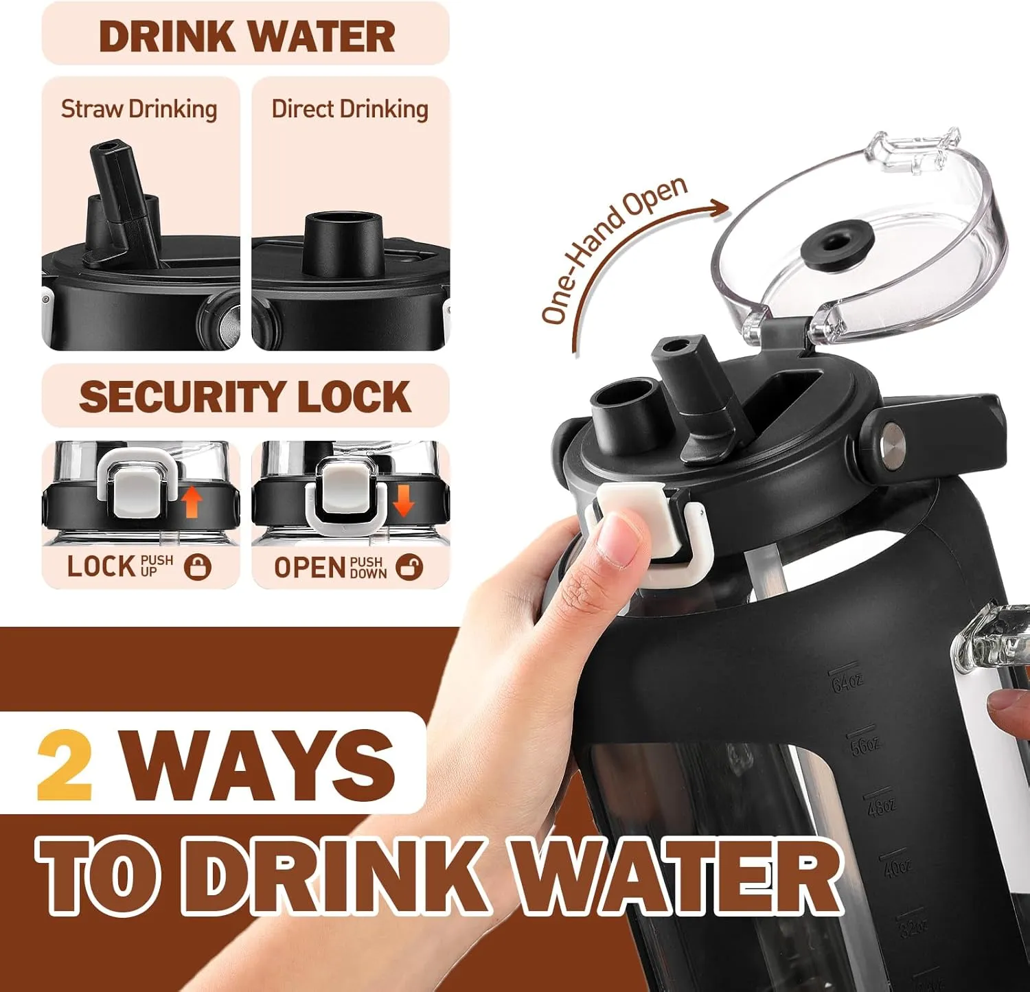 BLUEGO Water Bottle 64 oz Tumbler with Lid and Straw, Glass Water Bottle with Straw, Water Tumbler with Handle Half Gallon Water Jug Large Waterbottle for Daily Water Intake, BPA Free, Black