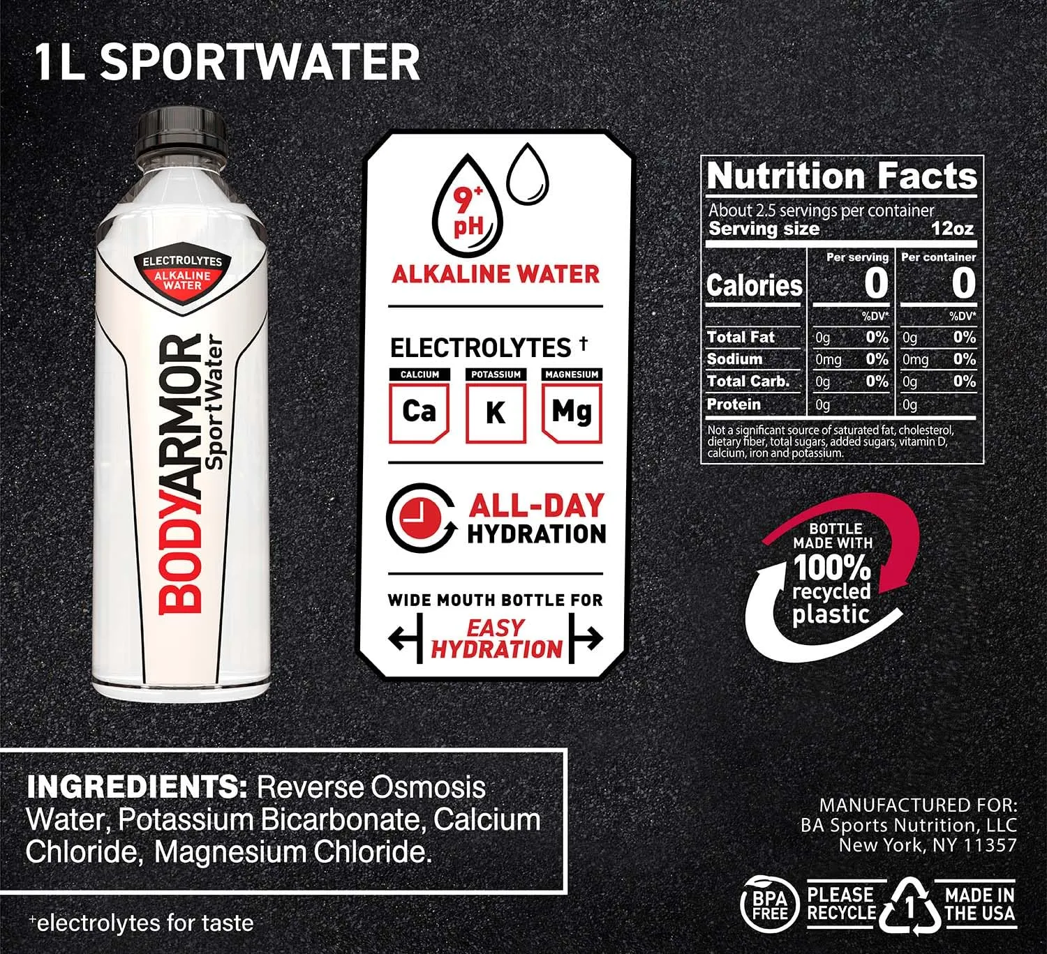 BODYARMOR SportWater Alkaline Water, Superior Hydration, High Alkaline Water pH 9 , Electrolytes, Perfect for your Active Lifestyle, 1 Liter (Pack of 12)