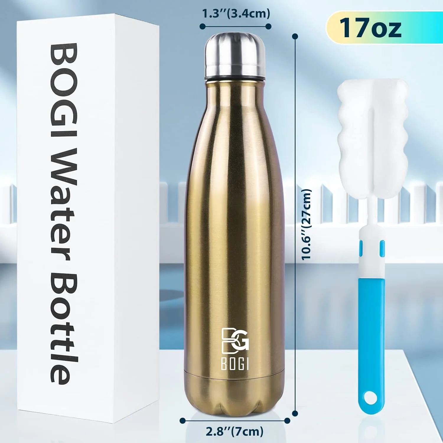 BOGI 2 Pack 17oz Insulated Water Bottle Double Wall Vacuum Stainless Steel Water Bottles, Leak Proof Metal Sports Water Bottle Keeps Drink Hot & Cold - Perfect for Outdoor Sports Camping (Cham Dblue)