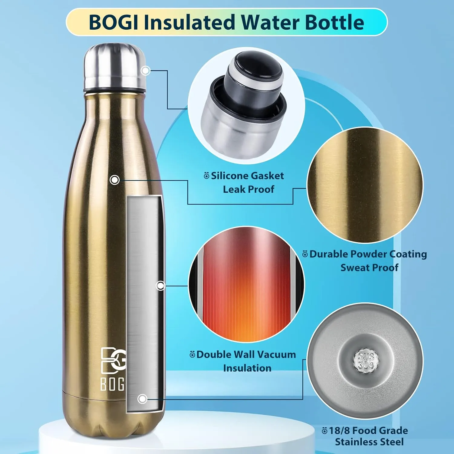 BOGI 2 Pack 17oz Insulated Water Bottle Double Wall Vacuum Stainless Steel Water Bottles, Leak Proof Metal Sports Water Bottle Keeps Drink Hot & Cold - Perfect for Outdoor Sports Camping (Cham Dblue)