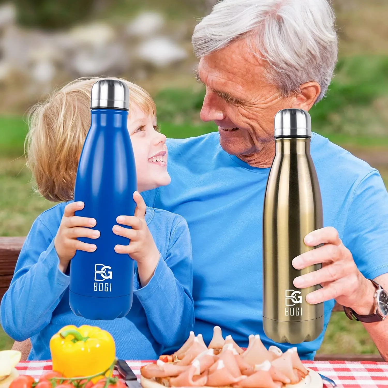BOGI 2 Pack 17oz Insulated Water Bottle Double Wall Vacuum Stainless Steel Water Bottles, Leak Proof Metal Sports Water Bottle Keeps Drink Hot & Cold - Perfect for Outdoor Sports Camping (Cham Dblue)