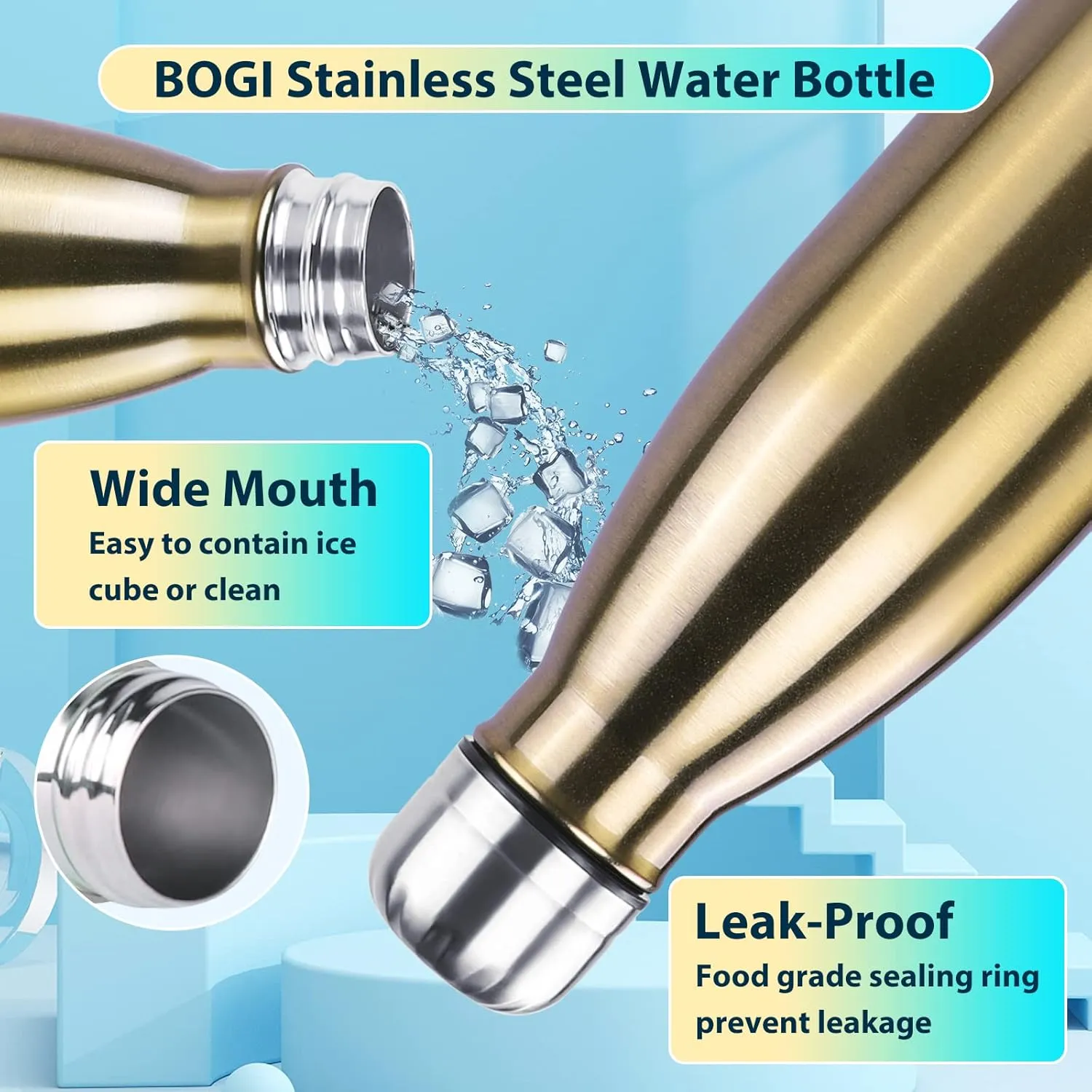 BOGI 2 Pack 17oz Insulated Water Bottle Double Wall Vacuum Stainless Steel Water Bottles, Leak Proof Metal Sports Water Bottle Keeps Drink Hot & Cold - Perfect for Outdoor Sports Camping (Cham Dblue)