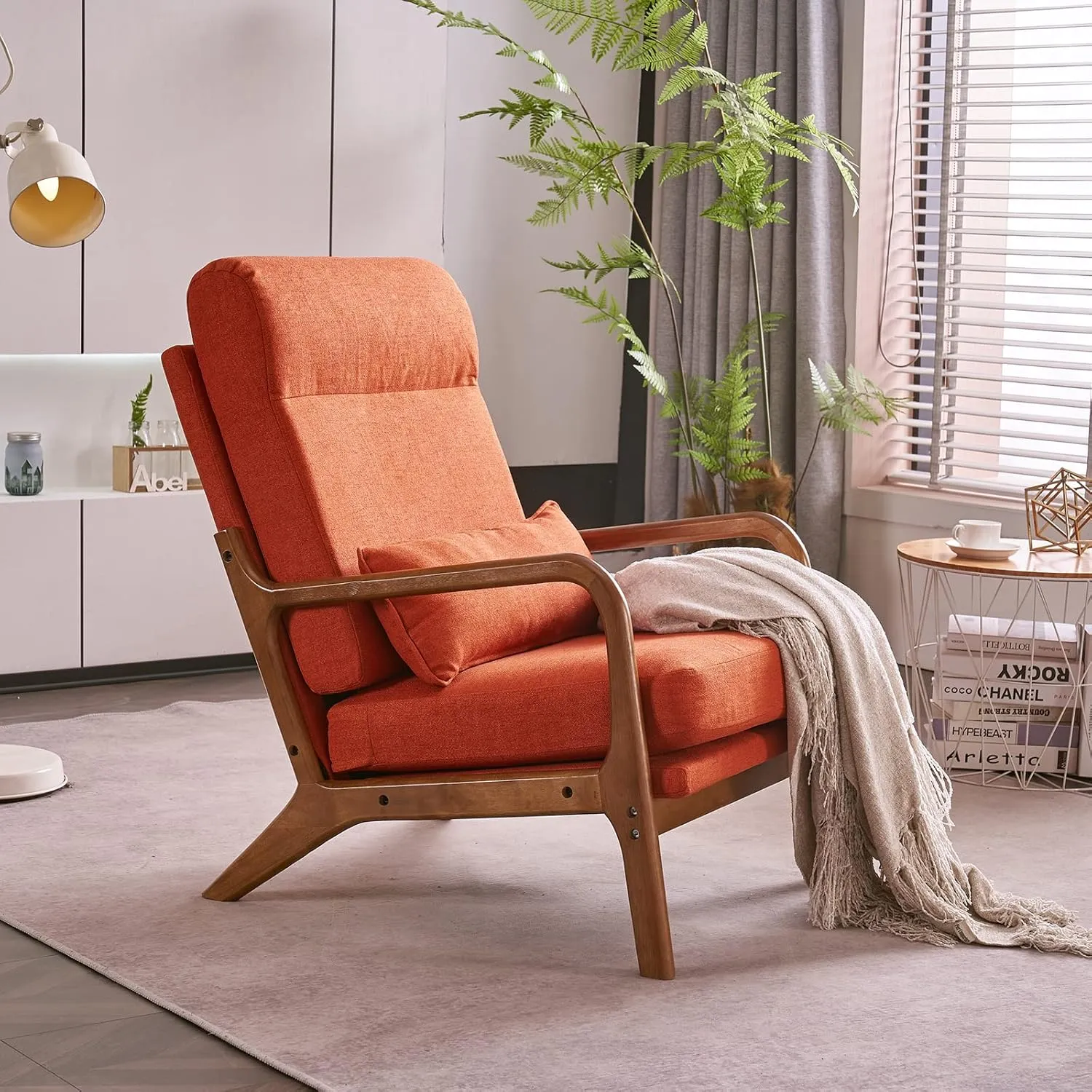Bonnlo High Back Linen Burnt Orange Mid Century Modern Accent Chair, Soild Wood Padding Lounge Armchairs Side Sitting Chairs for Living Room, Bedroom, Guest Room