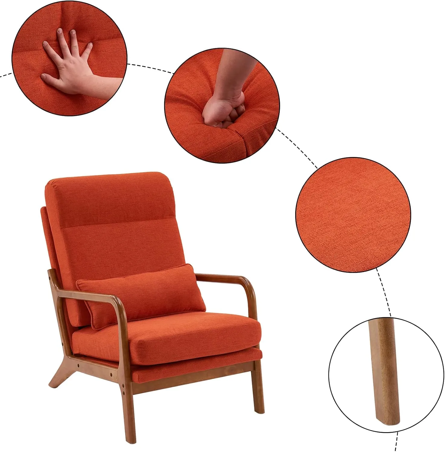 Bonnlo High Back Linen Burnt Orange Mid Century Modern Accent Chair, Soild Wood Padding Lounge Armchairs Side Sitting Chairs for Living Room, Bedroom, Guest Room