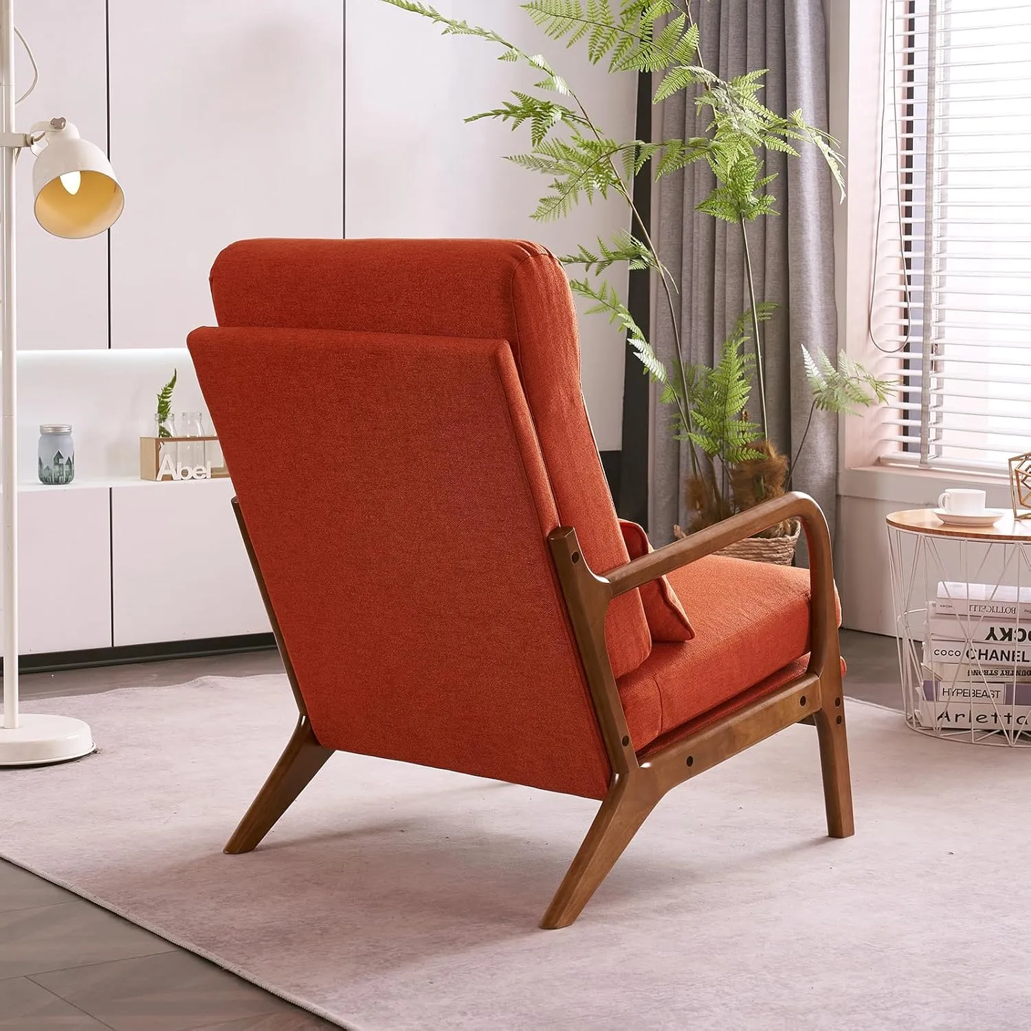 Bonnlo High Back Linen Burnt Orange Mid Century Modern Accent Chair, Soild Wood Padding Lounge Armchairs Side Sitting Chairs for Living Room, Bedroom, Guest Room