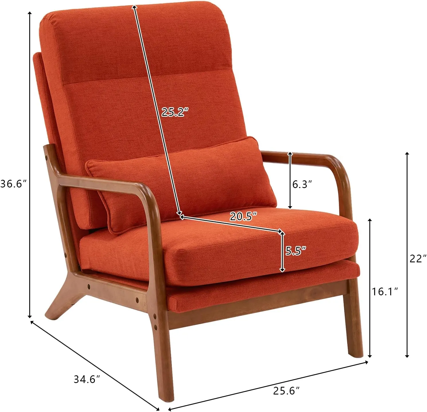 Bonnlo High Back Linen Burnt Orange Mid Century Modern Accent Chair, Soild Wood Padding Lounge Armchairs Side Sitting Chairs for Living Room, Bedroom, Guest Room