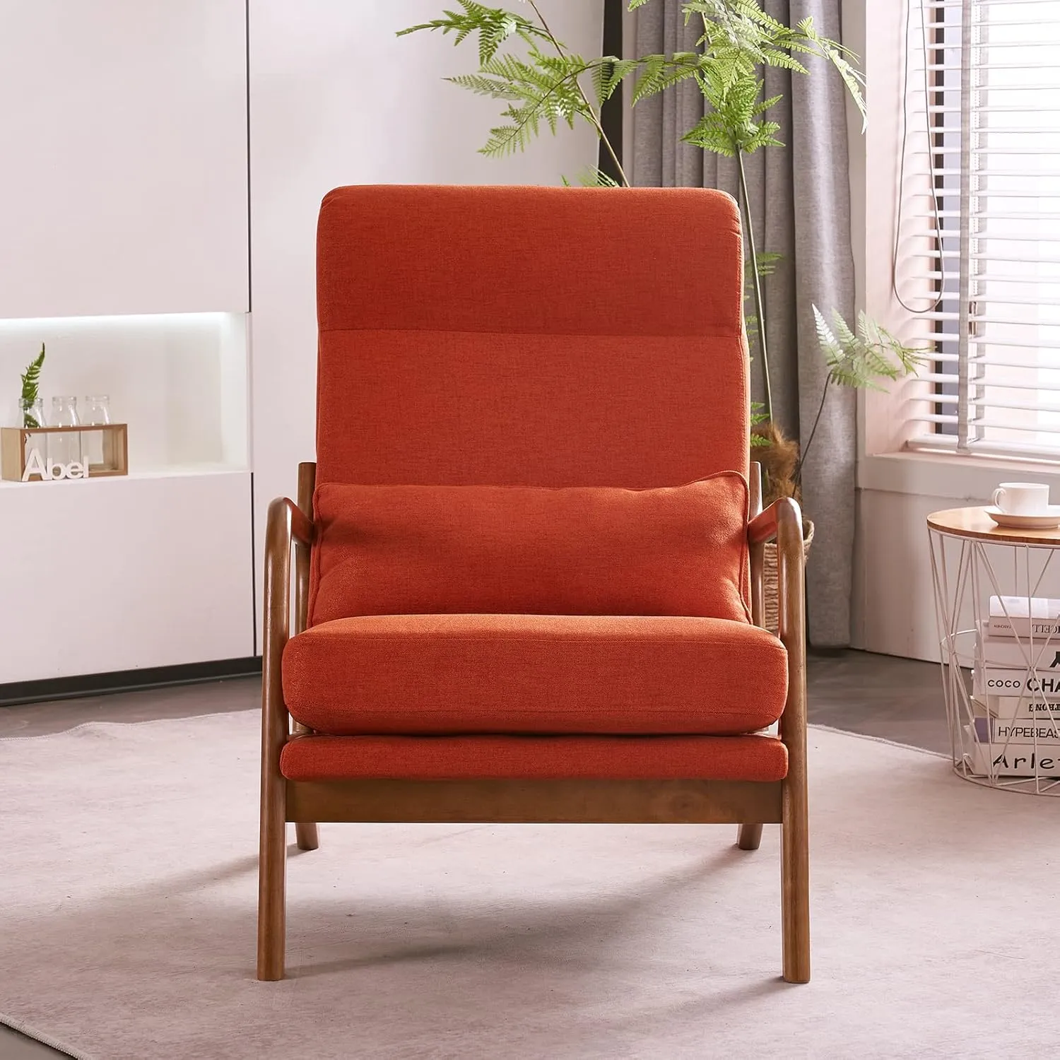 Bonnlo High Back Linen Burnt Orange Mid Century Modern Accent Chair, Soild Wood Padding Lounge Armchairs Side Sitting Chairs for Living Room, Bedroom, Guest Room