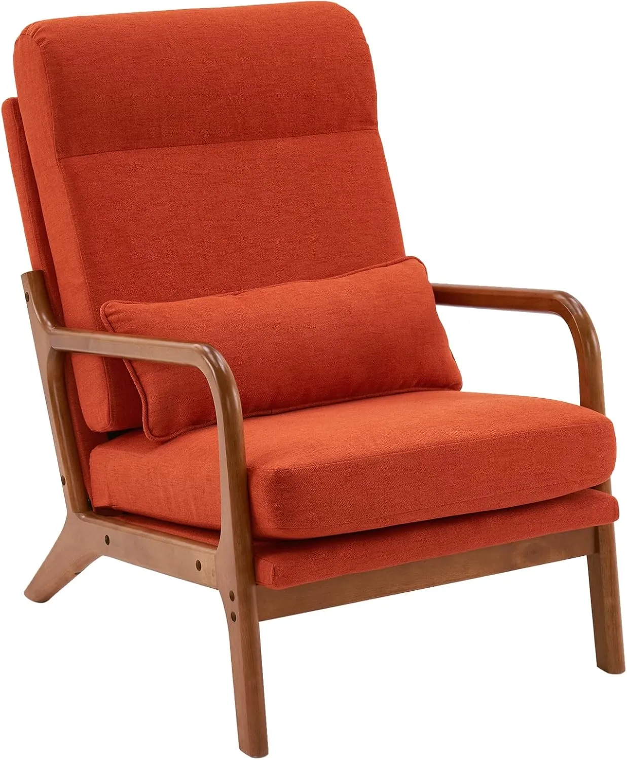 Bonnlo High Back Linen Burnt Orange Mid Century Modern Accent Chair, Soild Wood Padding Lounge Armchairs Side Sitting Chairs for Living Room, Bedroom, Guest Room