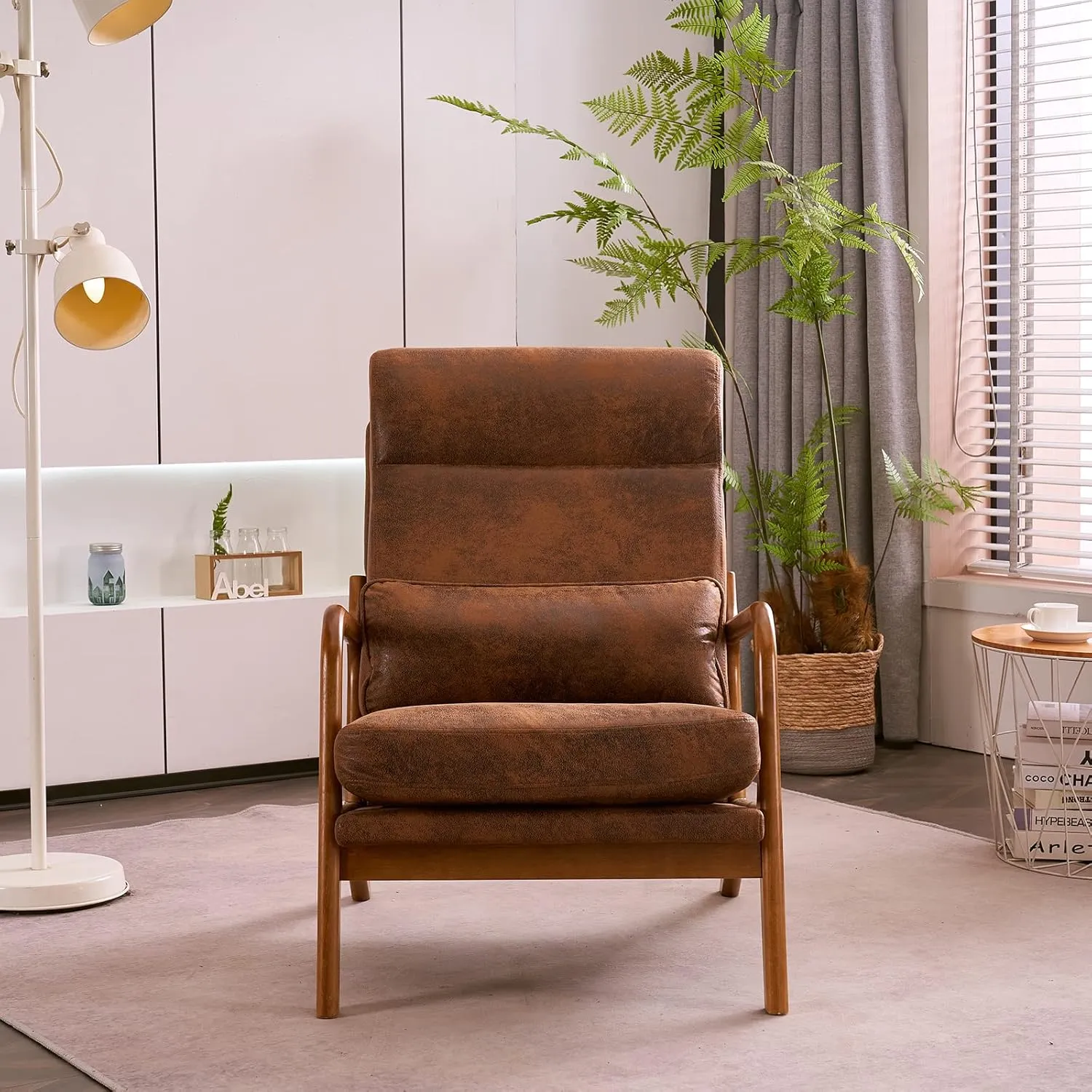Bonnlo High Back Microfiber Rustic Mid Century Modern Accent Chair, Soild Wood Padding Lounge Armchairs Side Sitting Chairs for Living Room, Bedroom, Guest Room
