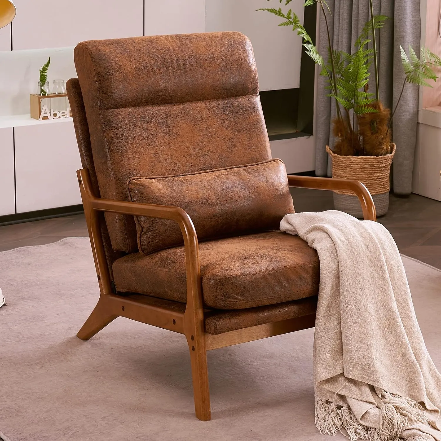 Bonnlo High Back Microfiber Rustic Mid Century Modern Accent Chair, Soild Wood Padding Lounge Armchairs Side Sitting Chairs for Living Room, Bedroom, Guest Room