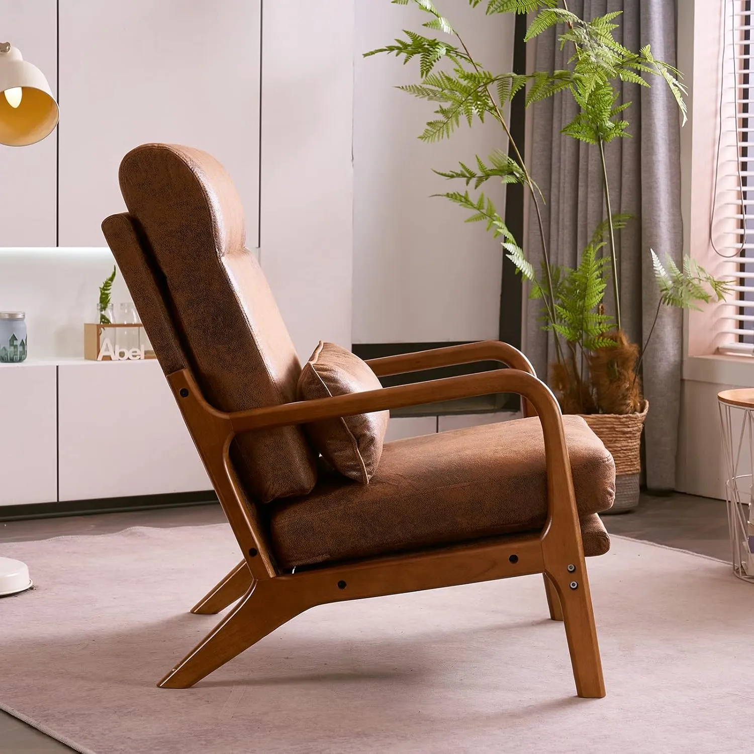 Bonnlo High Back Microfiber Rustic Mid Century Modern Accent Chair, Soild Wood Padding Lounge Armchairs Side Sitting Chairs for Living Room, Bedroom, Guest Room