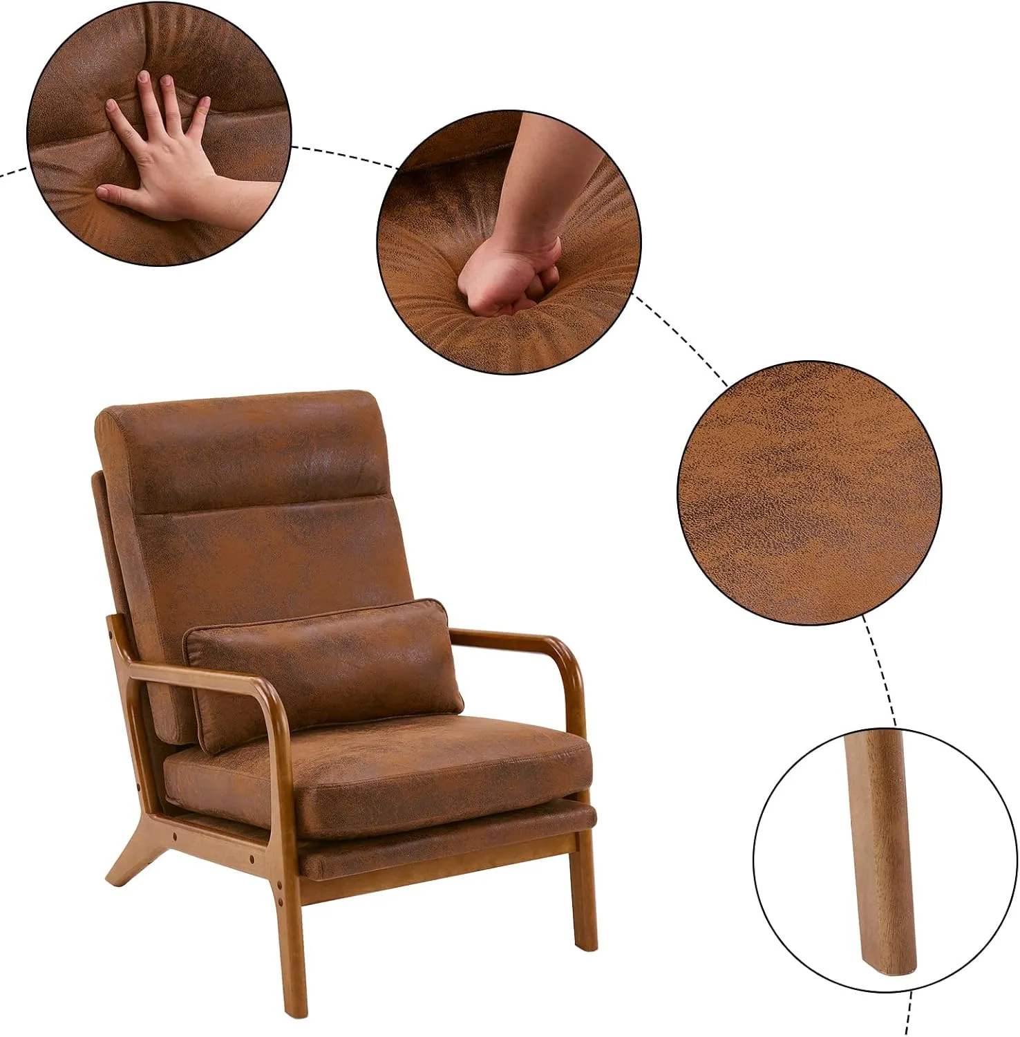 Bonnlo High Back Microfiber Rustic Mid Century Modern Accent Chair, Soild Wood Padding Lounge Armchairs Side Sitting Chairs for Living Room, Bedroom, Guest Room