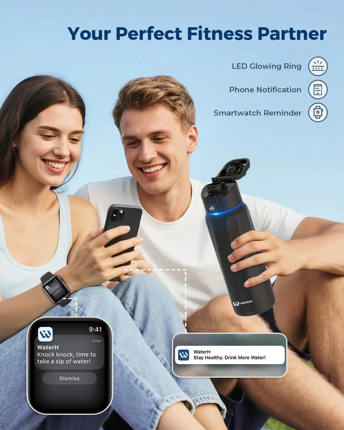 BOOST Smart Water Bottle with Reminder & Tracker - Double Wall Vacuum Insulated Stainless Steel, Wide Mouth 32 oz, Ideal Gift - Black
