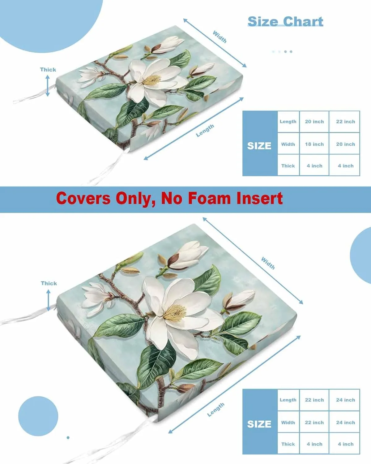 Botanical Floral Outdoor Cushion Chair Cover Set of 2 - Waterproof Couch Seat Covers, Pastoral Magnolia Flowers Leaves Plant Patio Furniture Protector Cushions Slipcovers for Sofa/RV, 22"x22"x4"