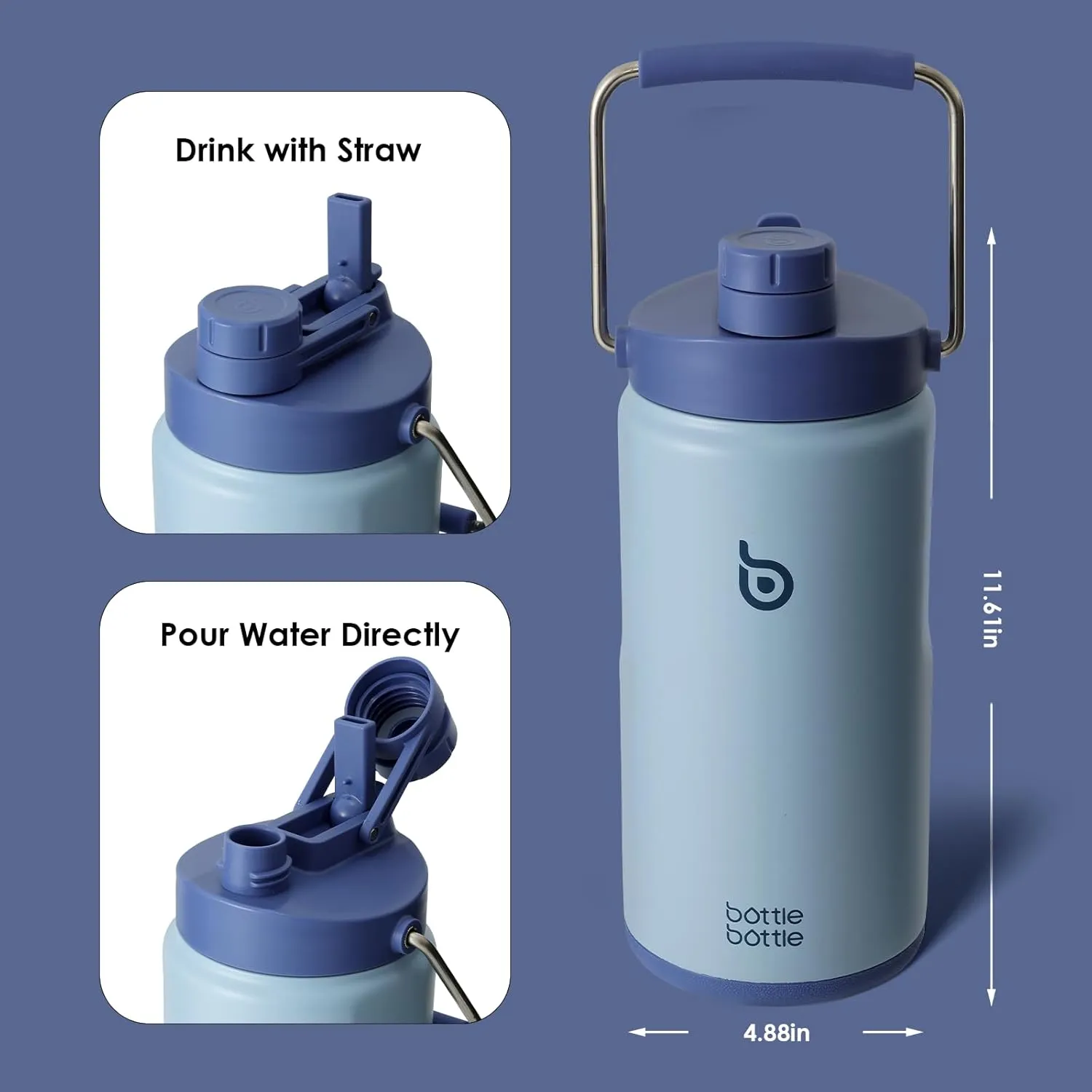 BOTTLE BOTTLE Insulated Water Bottle 64 oz with Straw and Dual-use Lid Half Gallon Water Jug Vacuum Stainless Steel for Workout Sports Insulated Beer Growler with Handle and Pills Holder Blue